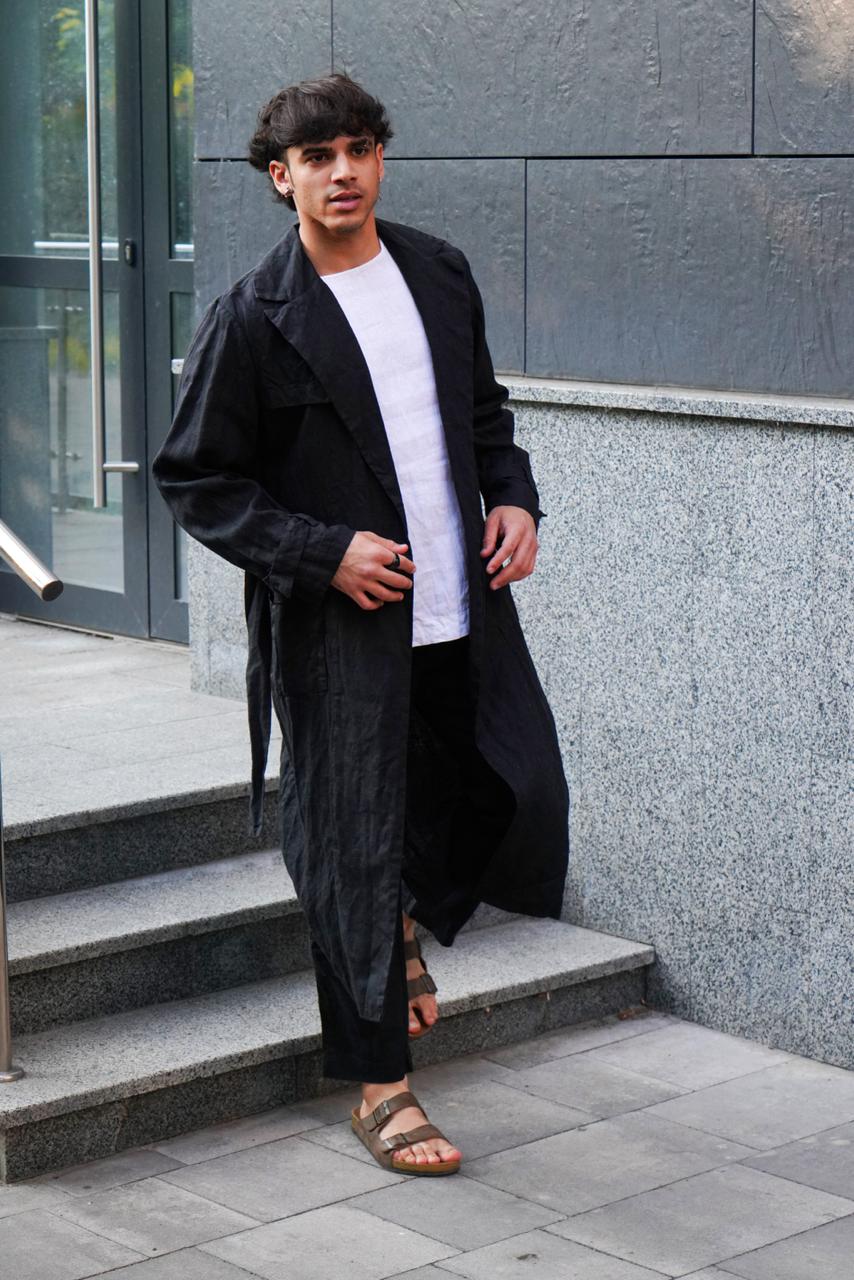 Men's Long Linen Trench BLACKTHORN in Black