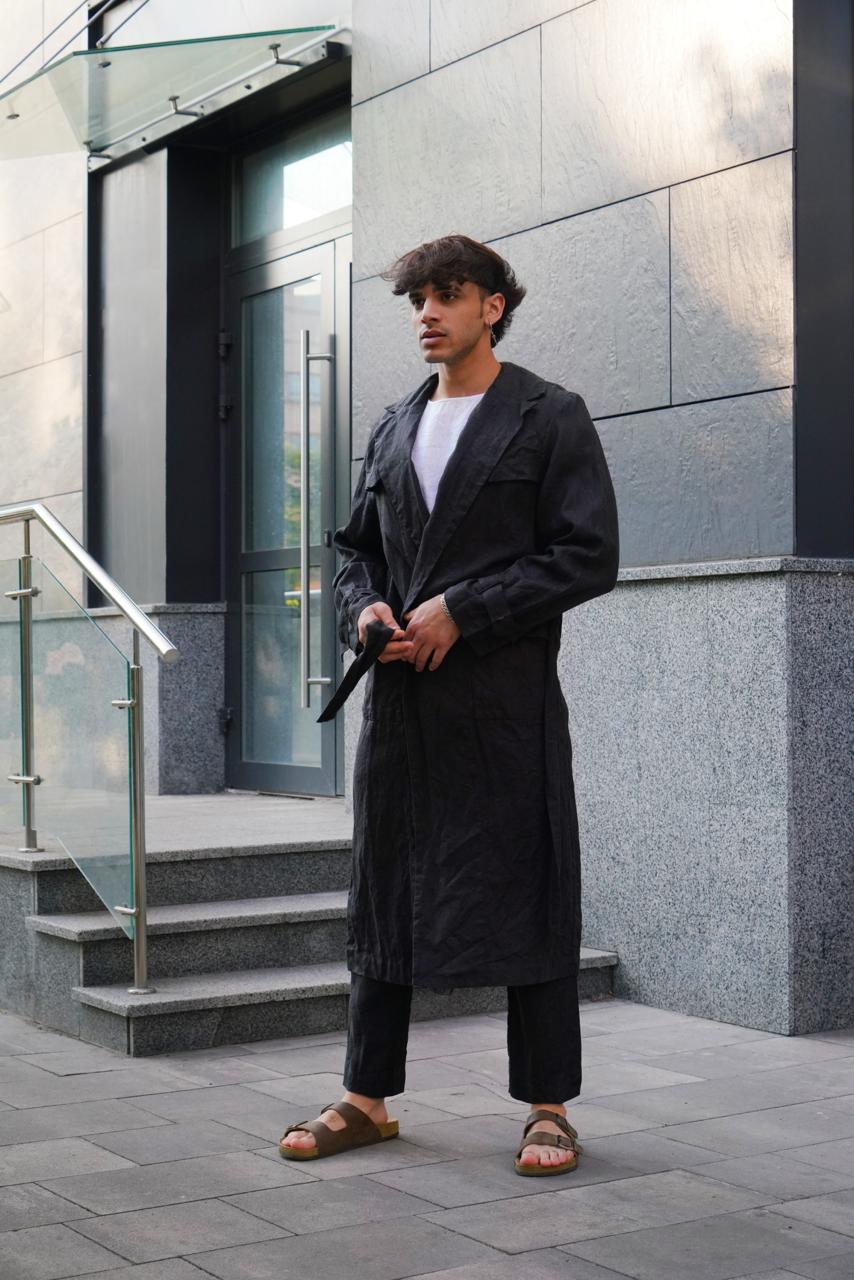 Men's Long Linen Trench BLACKTHORN in Black