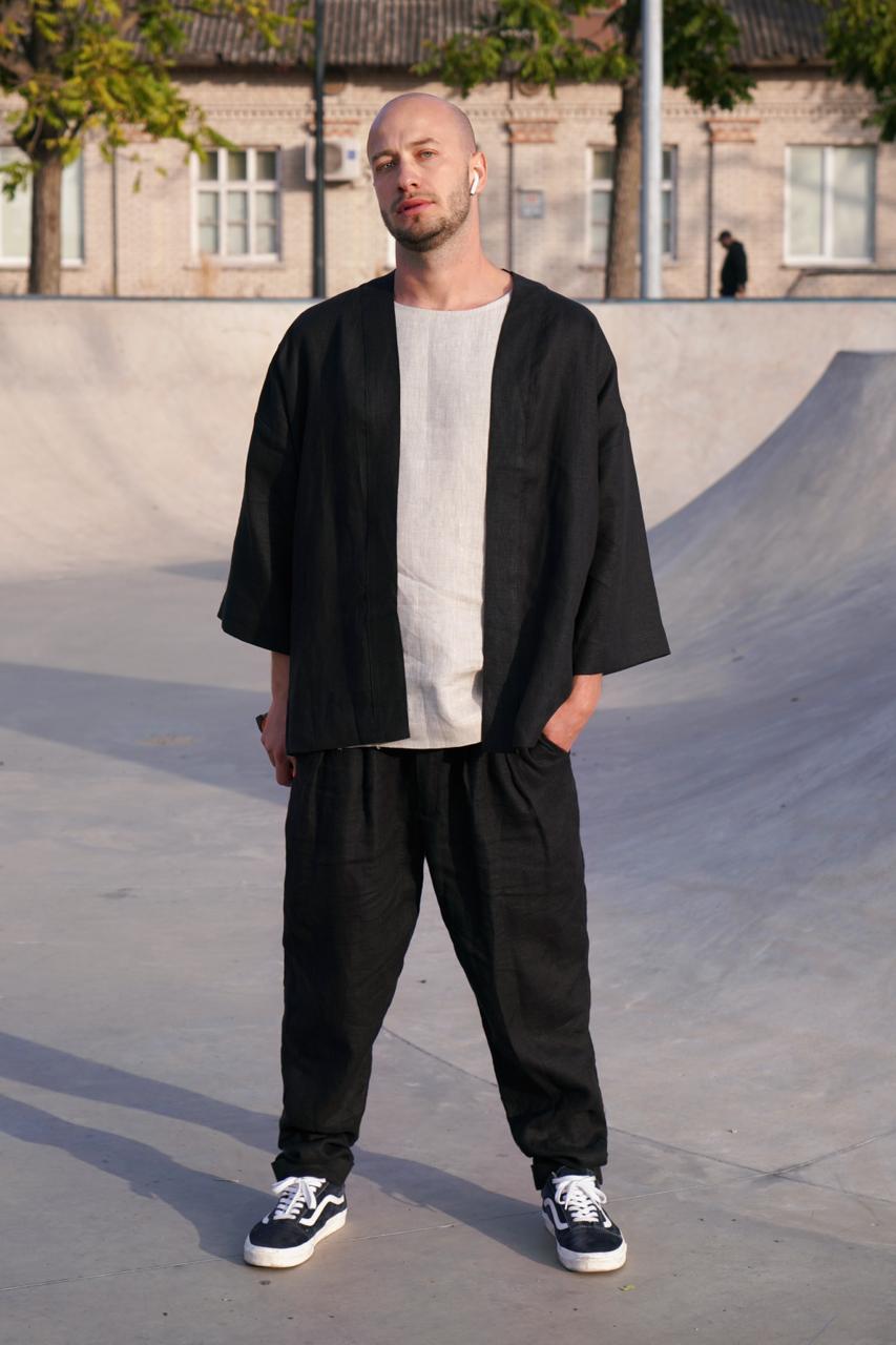 Mens Linen Kimono Jacket TANSY in Black