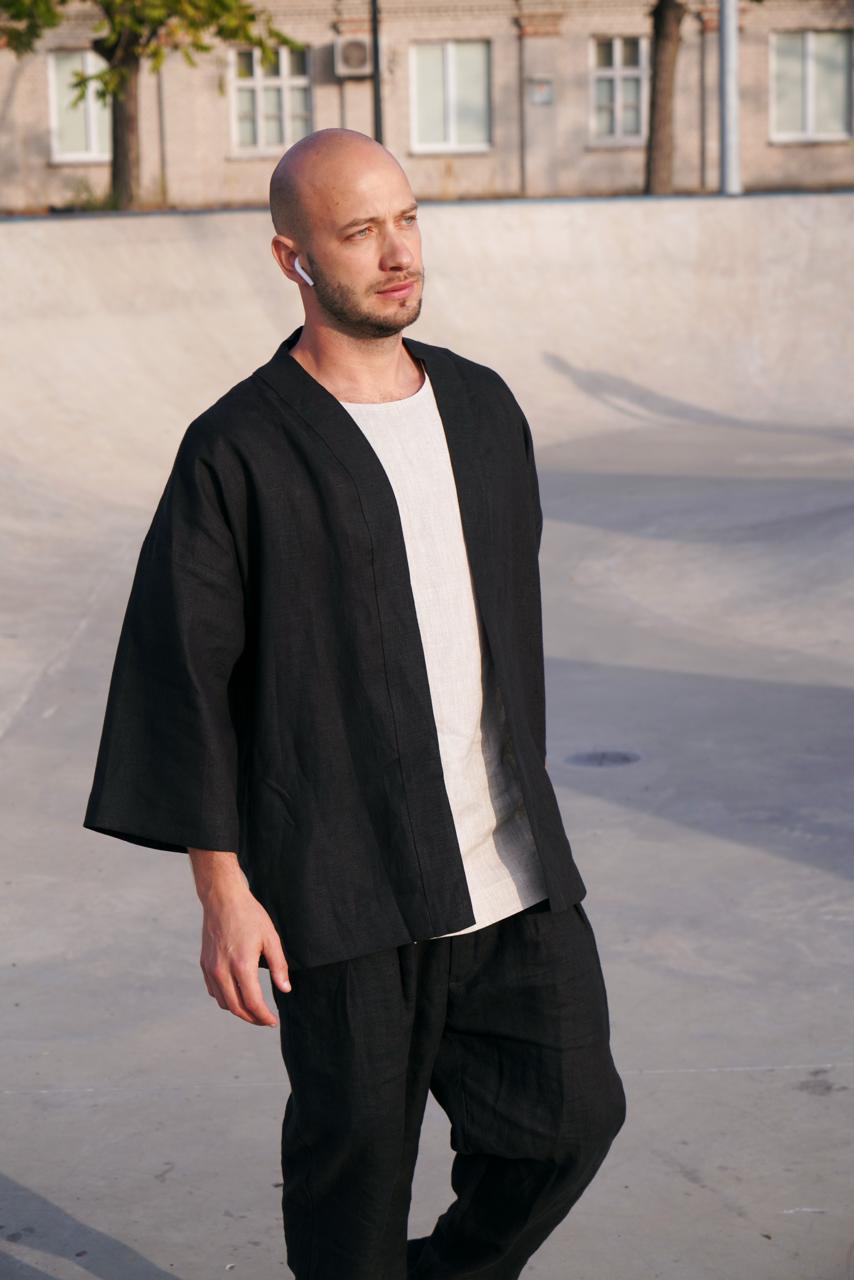 Mens Linen Kimono Jacket TANSY in Black