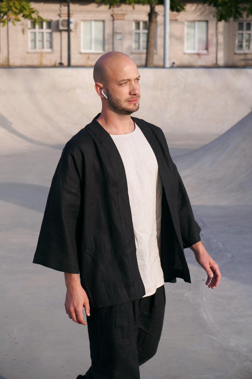 Mens Linen Kimono Jacket TANSY in Black