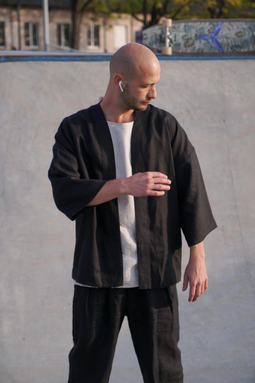 Mens Linen Kimono Jacket TANSY in Black