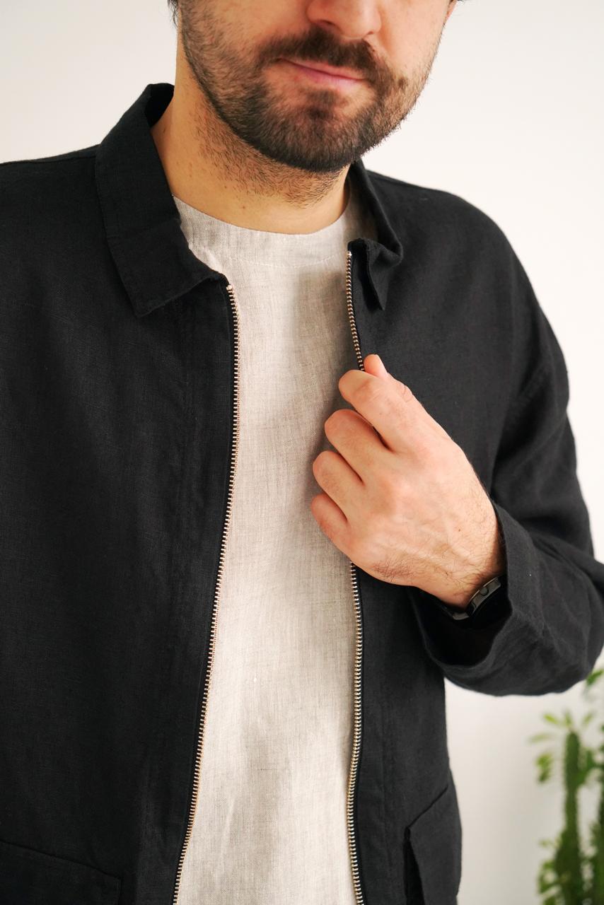 Men’s Linen Bomber Jacket BERGAMOT in Black