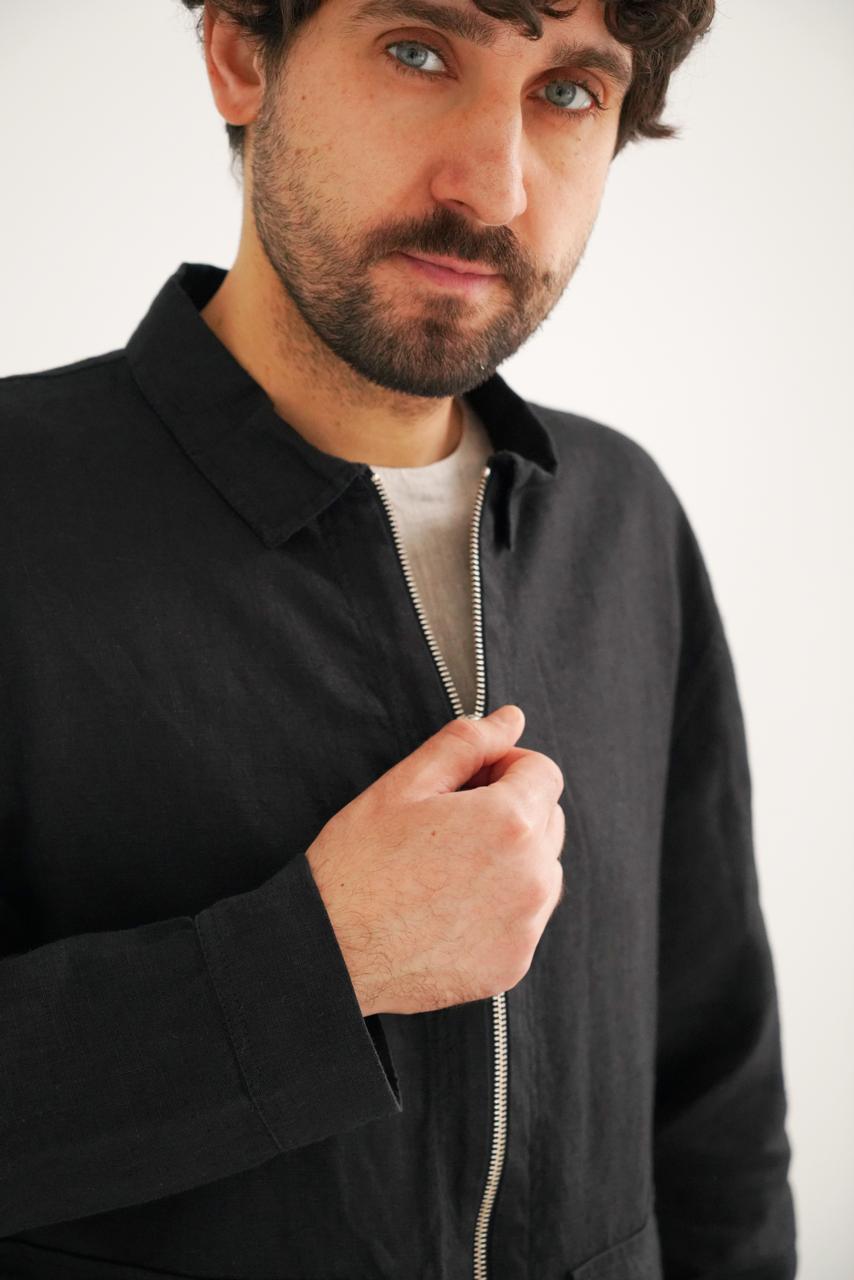 Men’s Linen Bomber Jacket BERGAMOT in Black