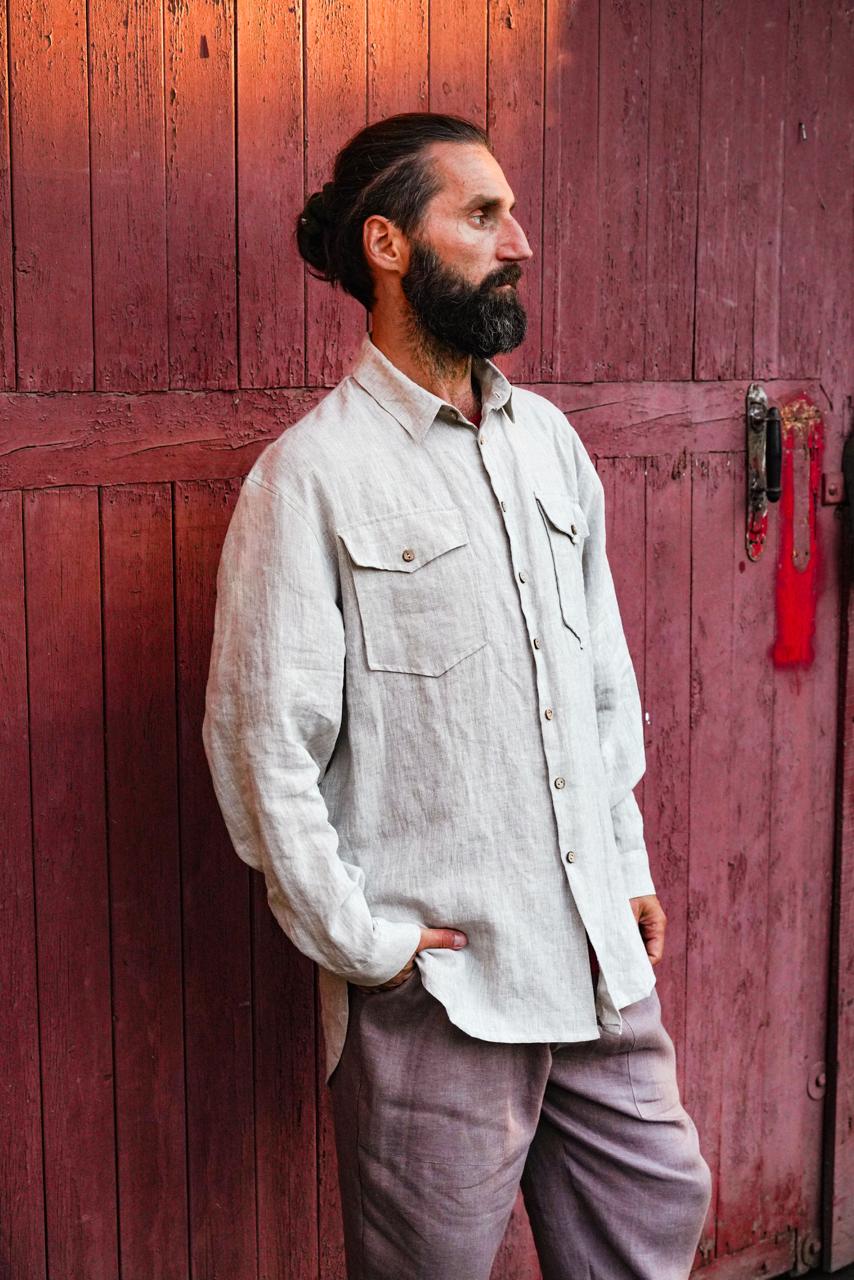 Mens relaxed linen shirt SANDWOOD in Beige