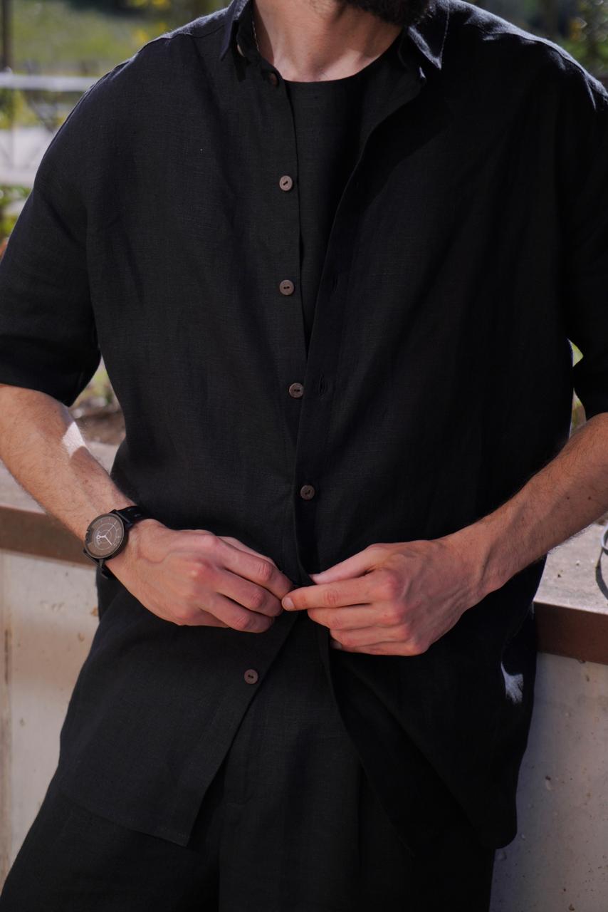 Men’s short sleeve linen shirt GARNET in Black