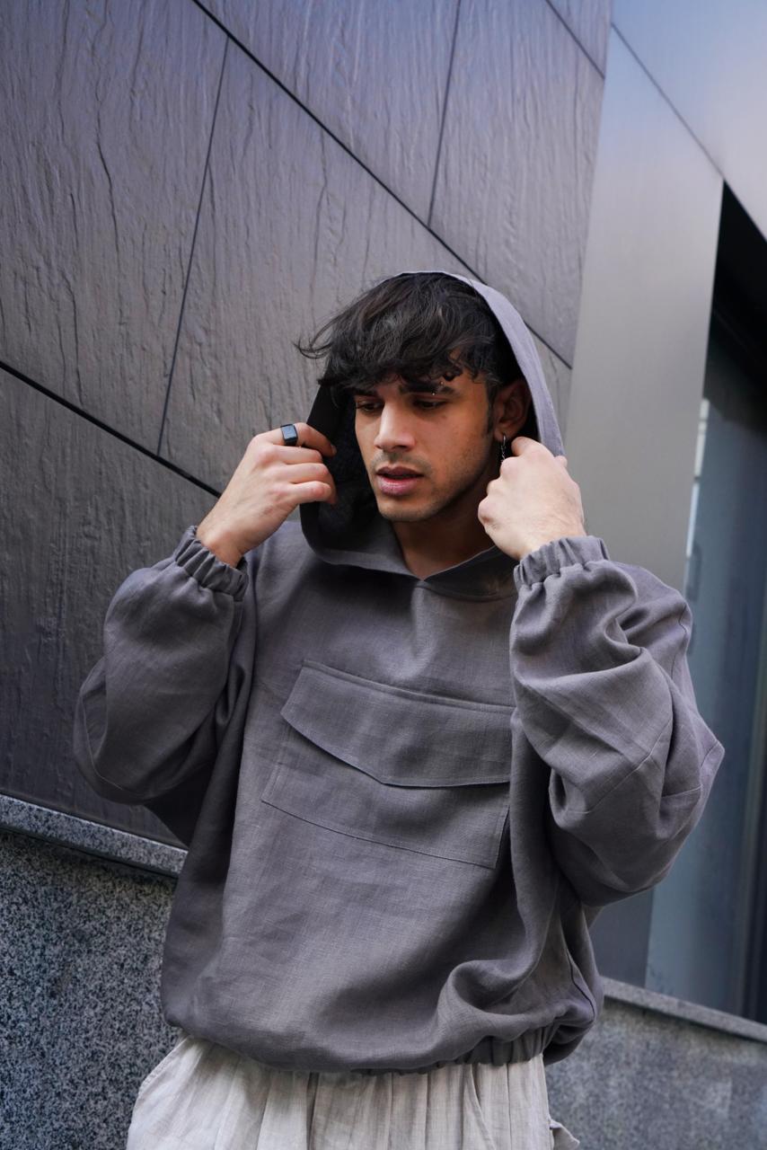 Oversized linen hoodie KUWA in Dark grey
