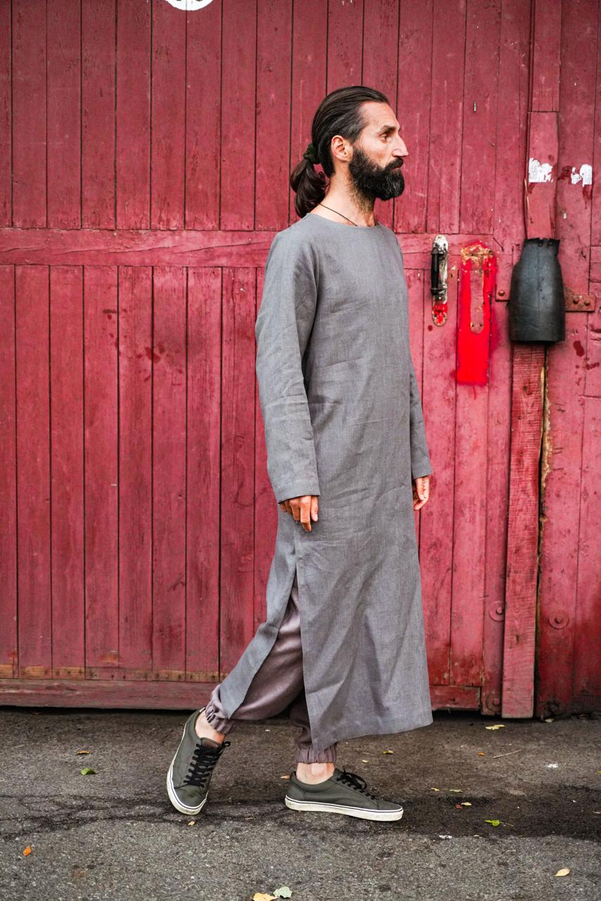 Men’s Long Linen T-Shirt, Kaftan LOTAN in Dark grey