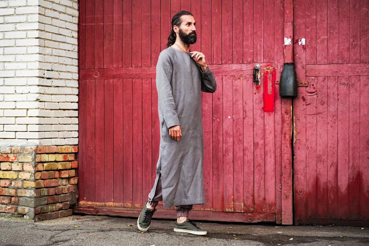 Men’s Long Linen T-Shirt, Kaftan LOTAN in Dark grey