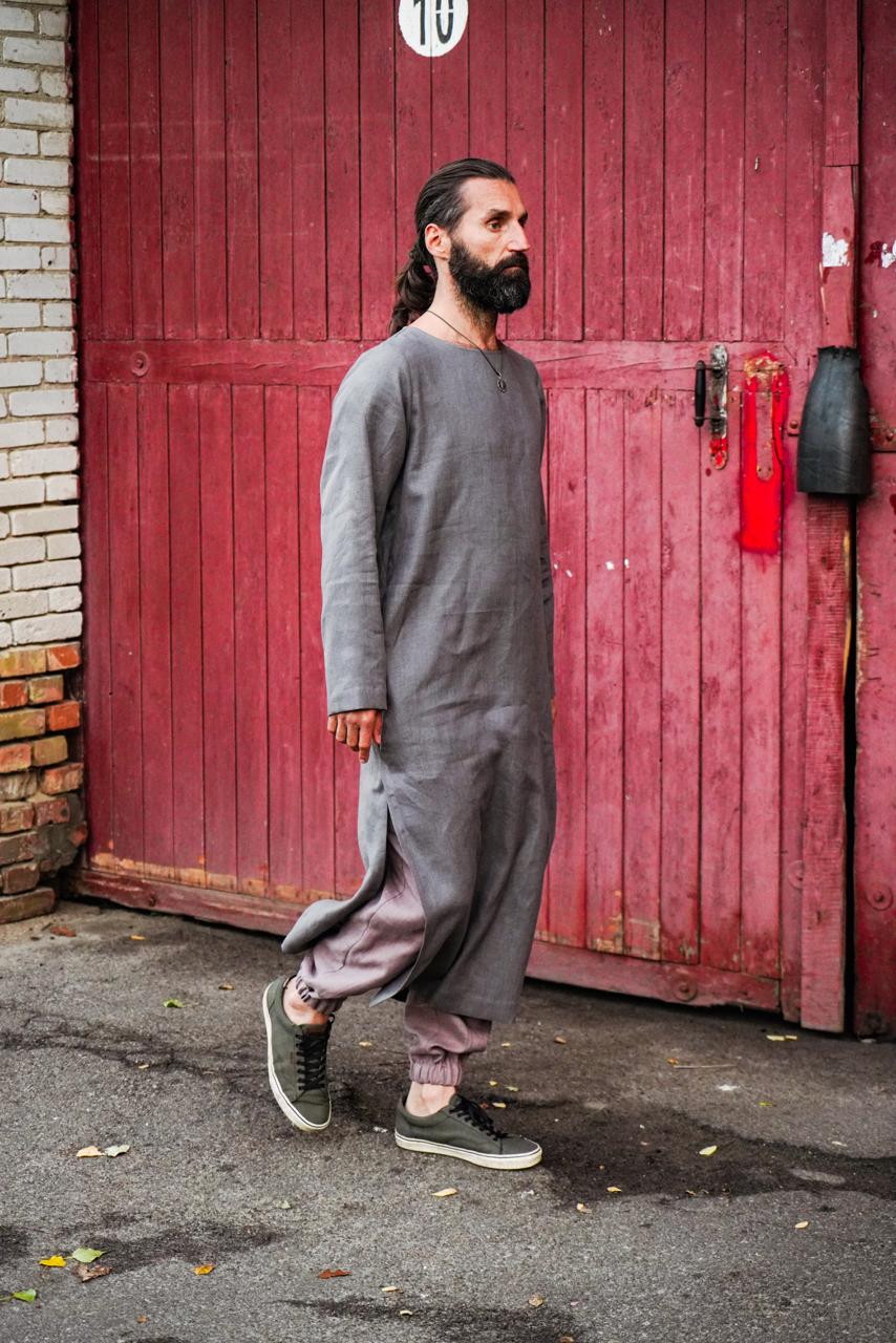 Men’s Long Linen T-Shirt, Kaftan LOTAN in Dark grey