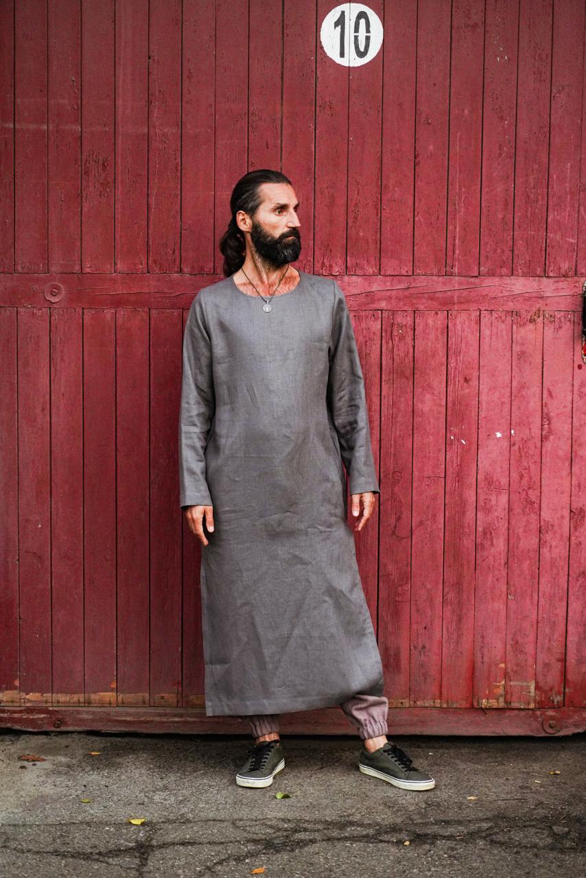 Men’s Long Linen T-Shirt, Kaftan LOTAN in Dark grey