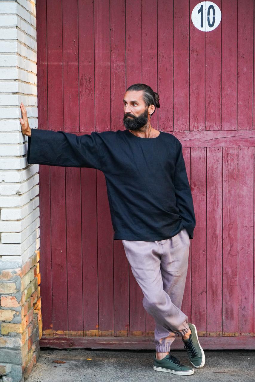 Men’s oversized linen sweatshirt with wide sleeves ACACIA in Black