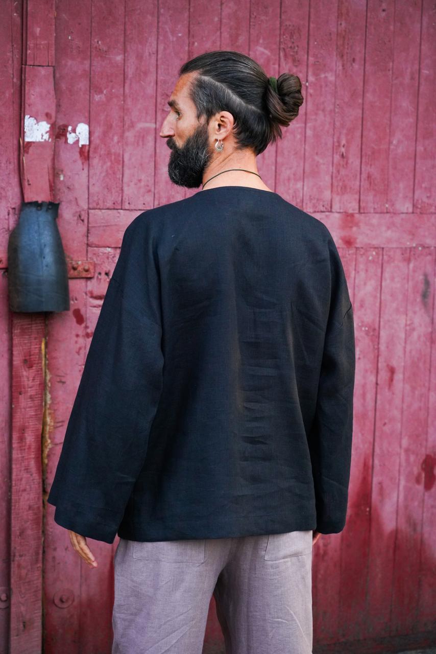 Men’s oversized linen sweatshirt with wide sleeves ACACIA in Black