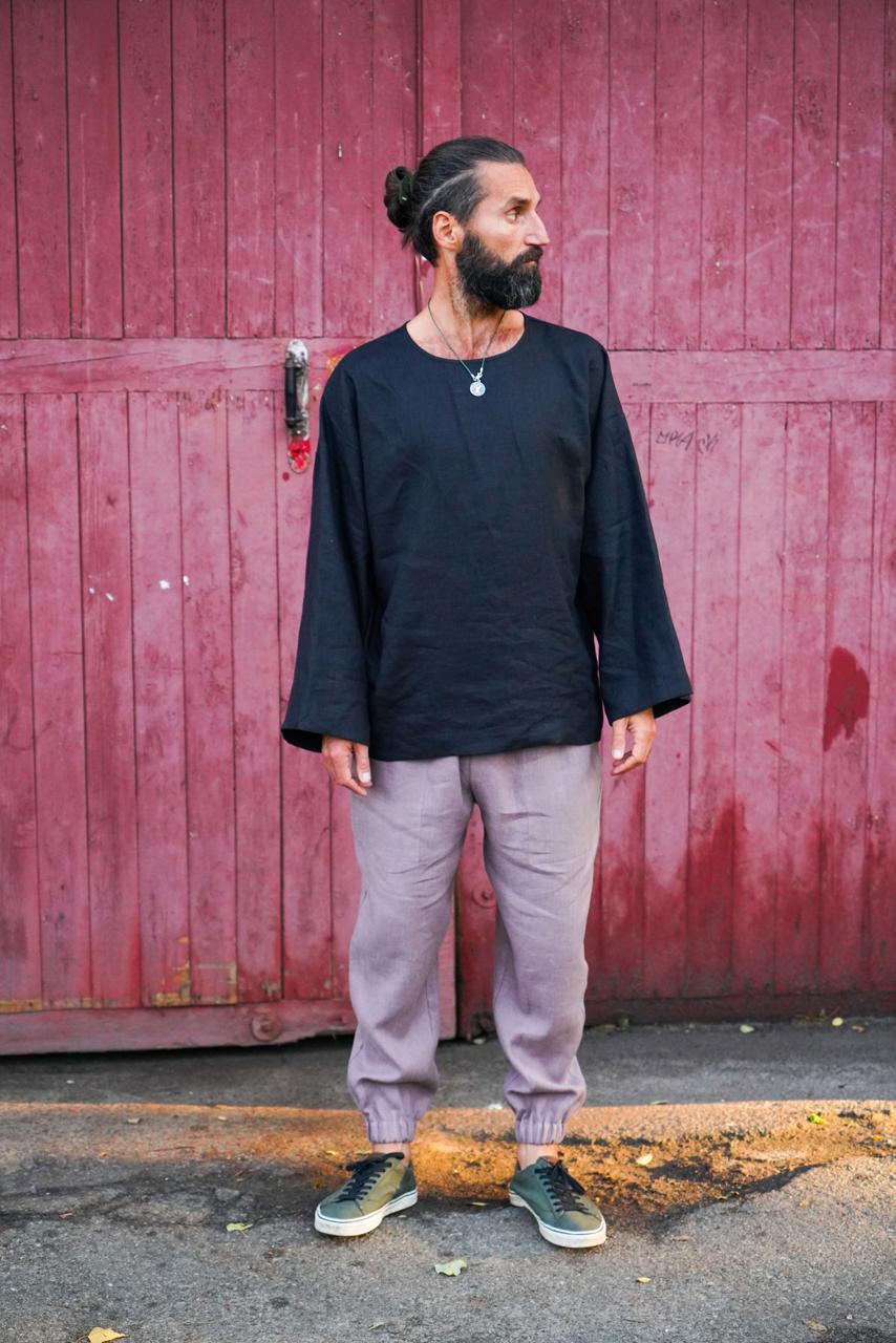 Men’s oversized linen sweatshirt with wide sleeves ACACIA in Black
