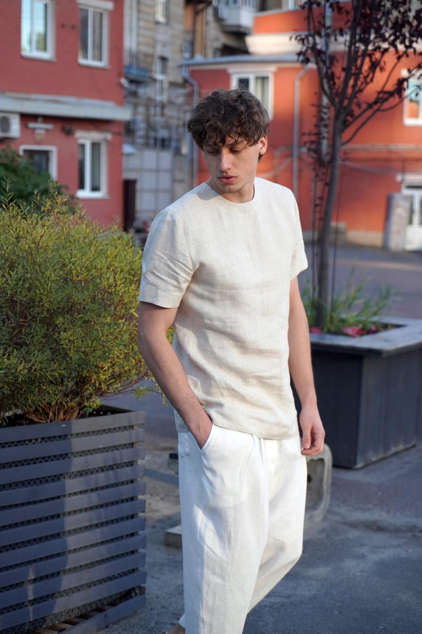 Mens linen t-shirt, Narrow neck IVY in Beige