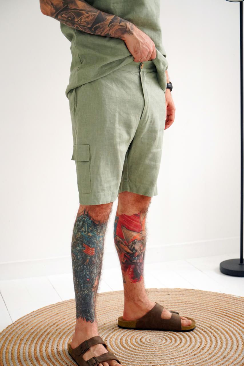 Linen cargo shorts with side pockets LAUREL in Olive