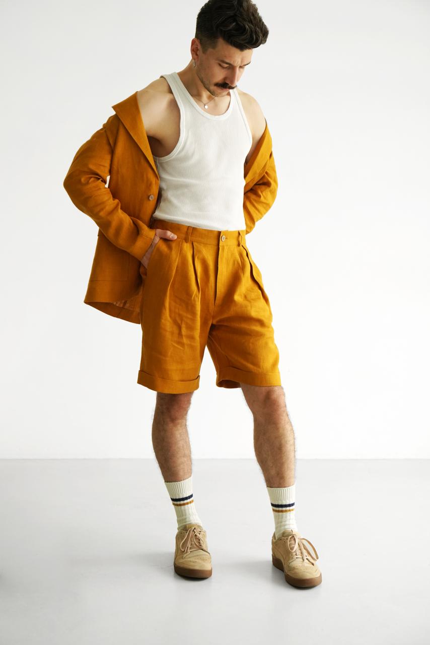 Men’s linen shorts with pleats CEDAR in Saffron