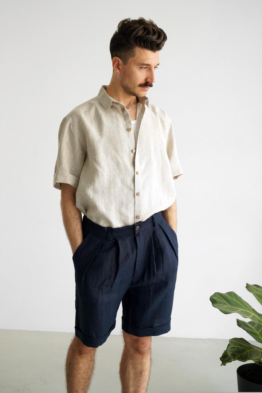 Men’s linen shorts with pleats CEDAR in Dark blue