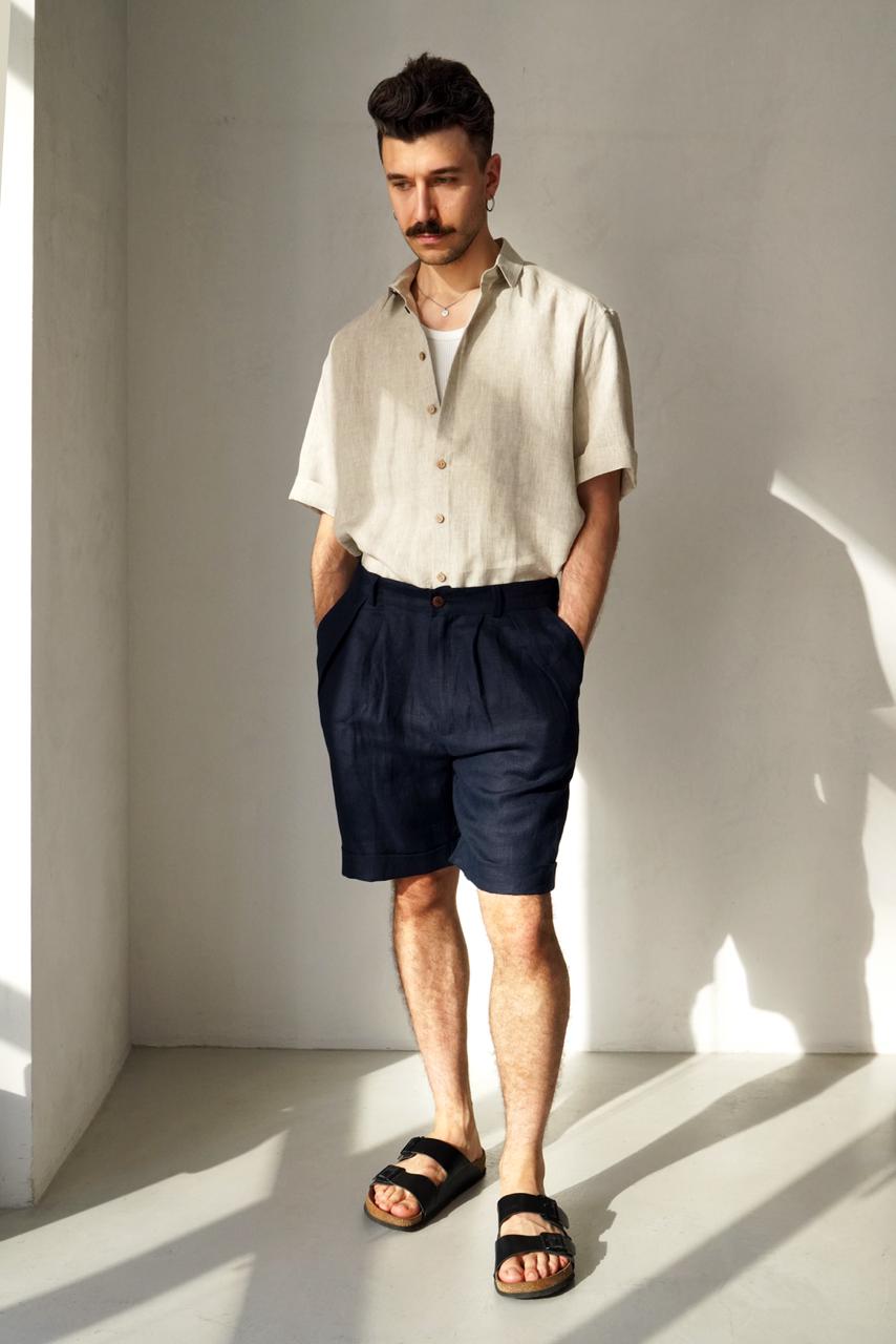 Men’s linen shorts with pleats CEDAR in Dark blue