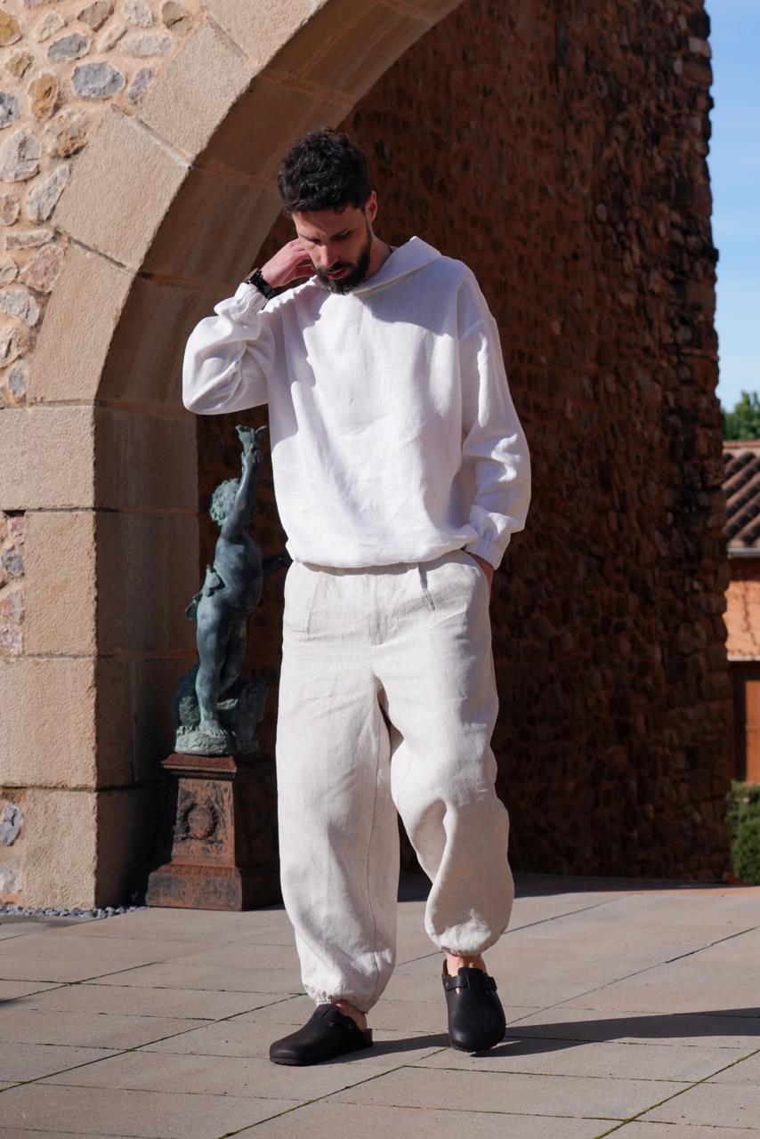 Mens Pleated Linen Pants with Elastic Cuffs OLMO in Beige L Mens Pleated Linen Pants with Elastic Cuffs OLMO in Beige L