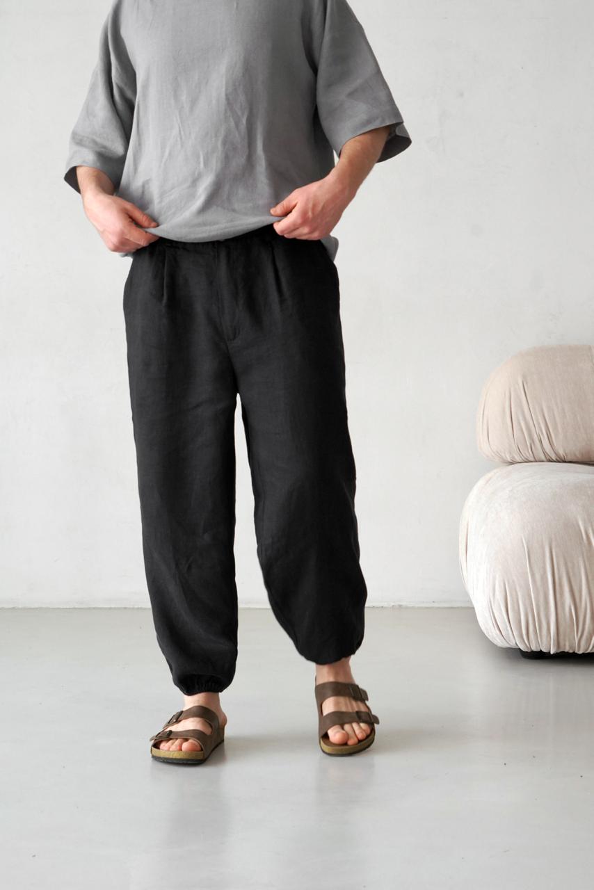 Men's Pleated Linen Pants with Elastic Cuffs OLMO in Black