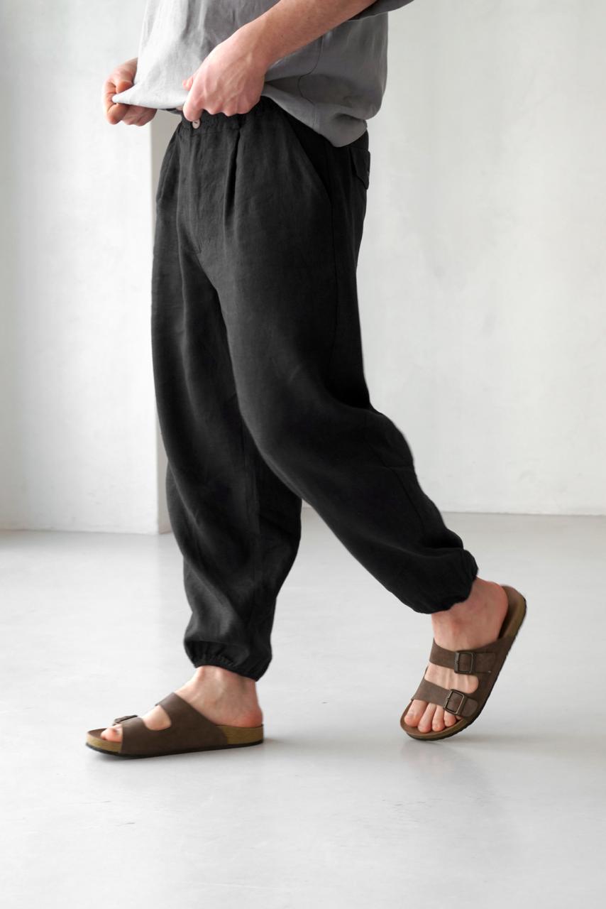 Men’s Pleated Linen Pants with Elastic Cuffs OLMO in Black