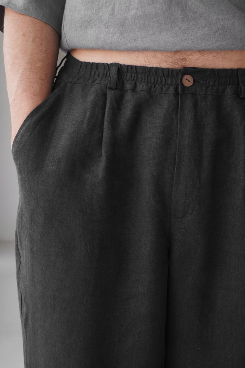 Men’s Pleated Linen Pants with Elastic Cuffs OLMO in Black