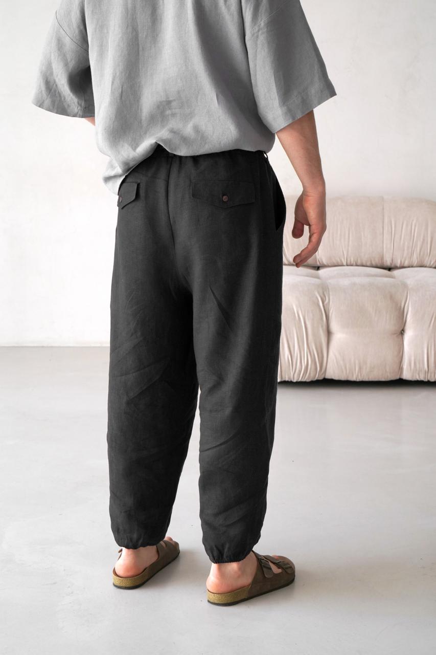 Men’s Pleated Linen Pants with Elastic Cuffs OLMO in Black