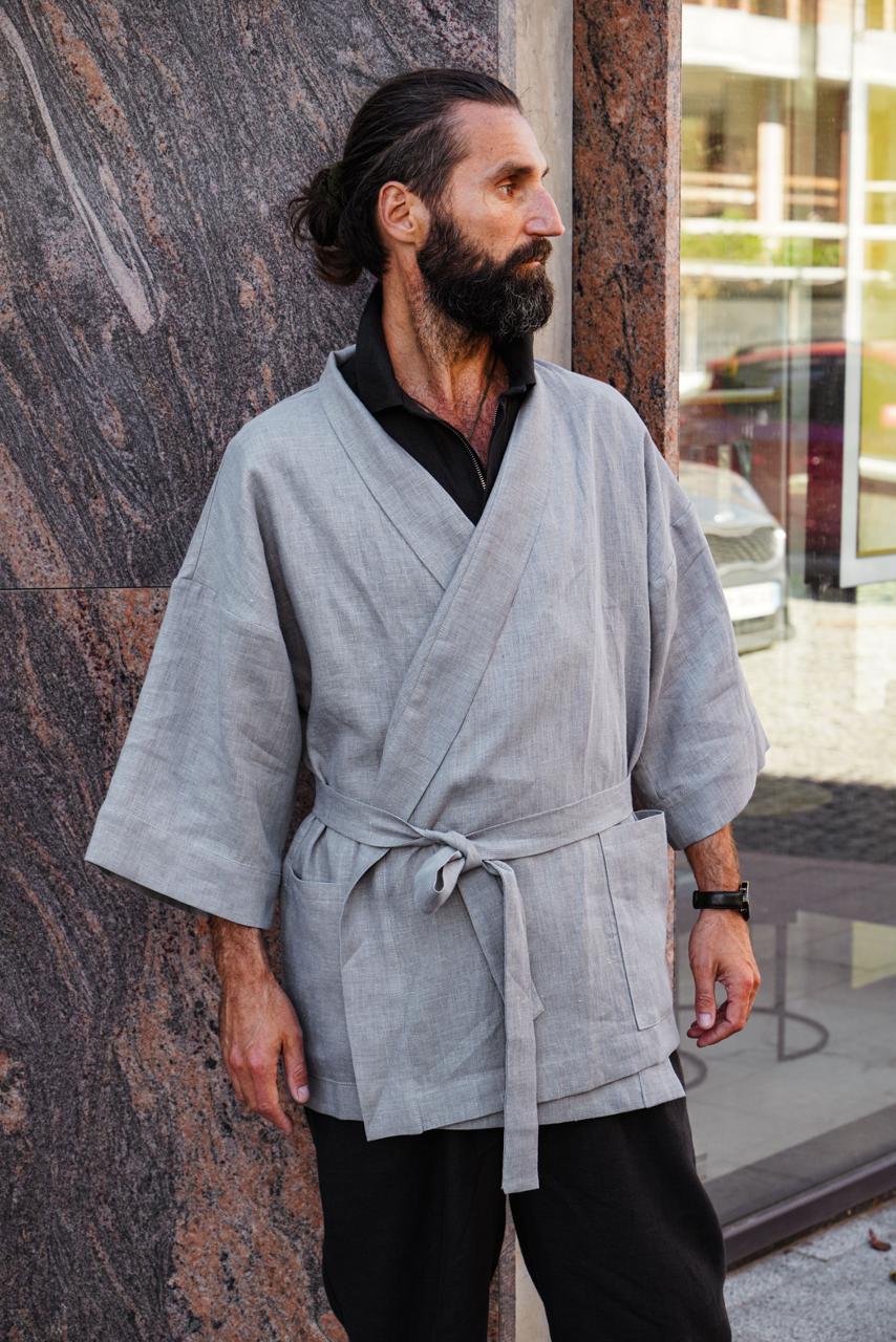Men’s linen kimono SUGI in Light grey