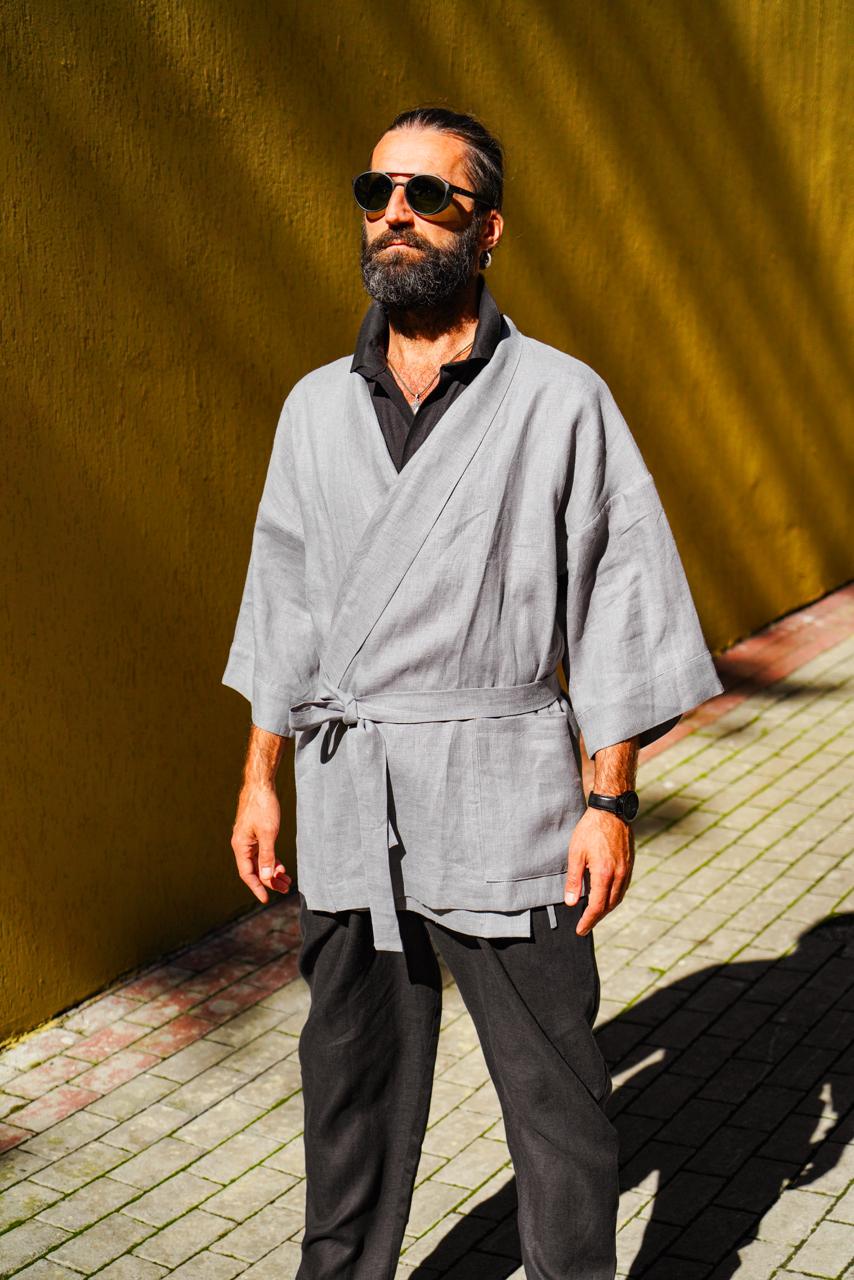 Men’s linen kimono SUGI in Light grey