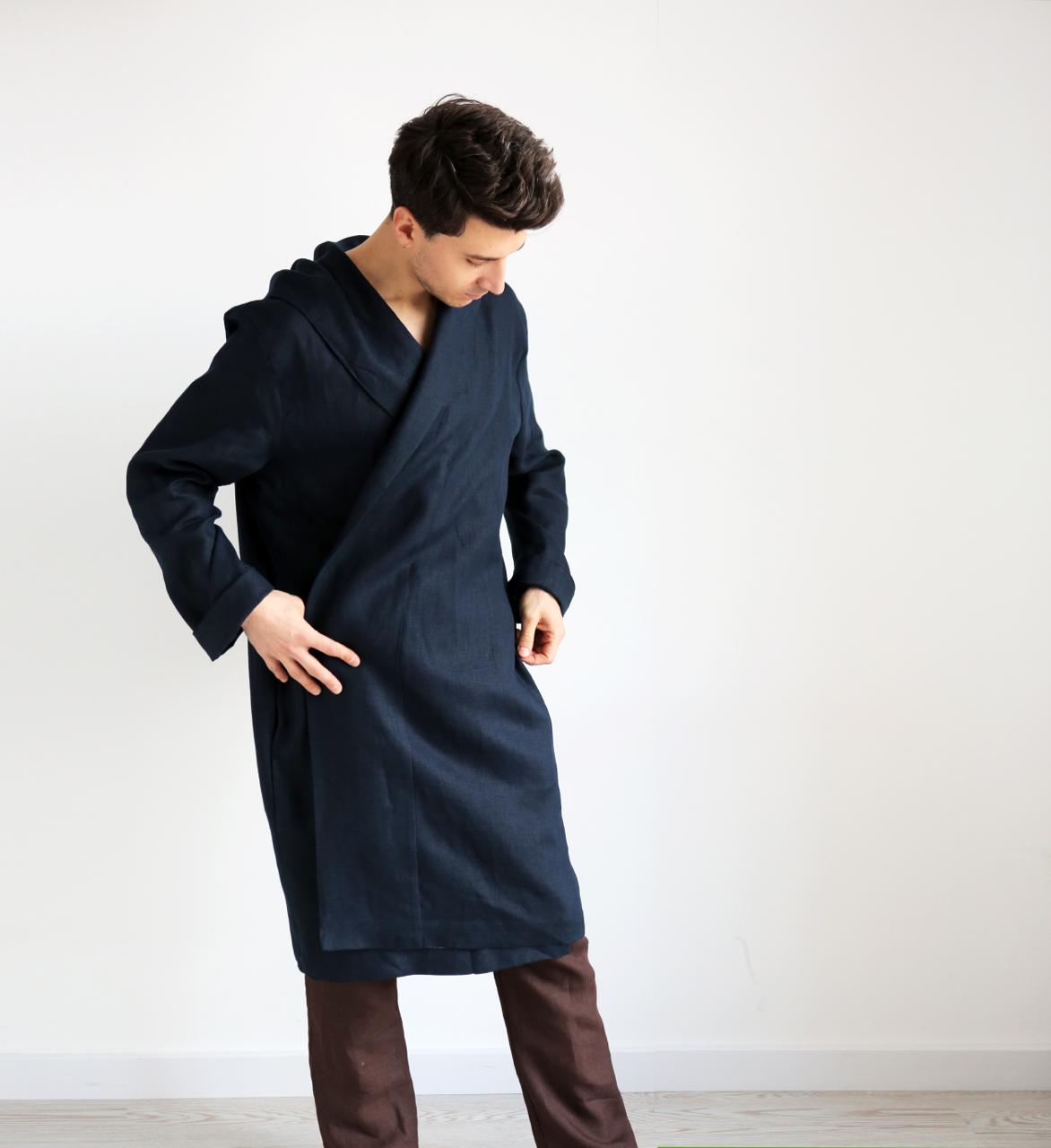 Men’s linen robe with a hood EVERGREEN in Dark blue