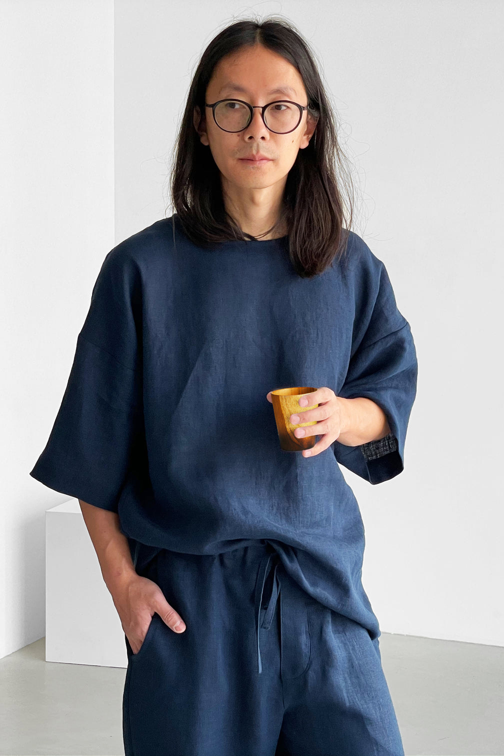 Men’s Oversized Linen T-Shirt LOTUS in Dark blue