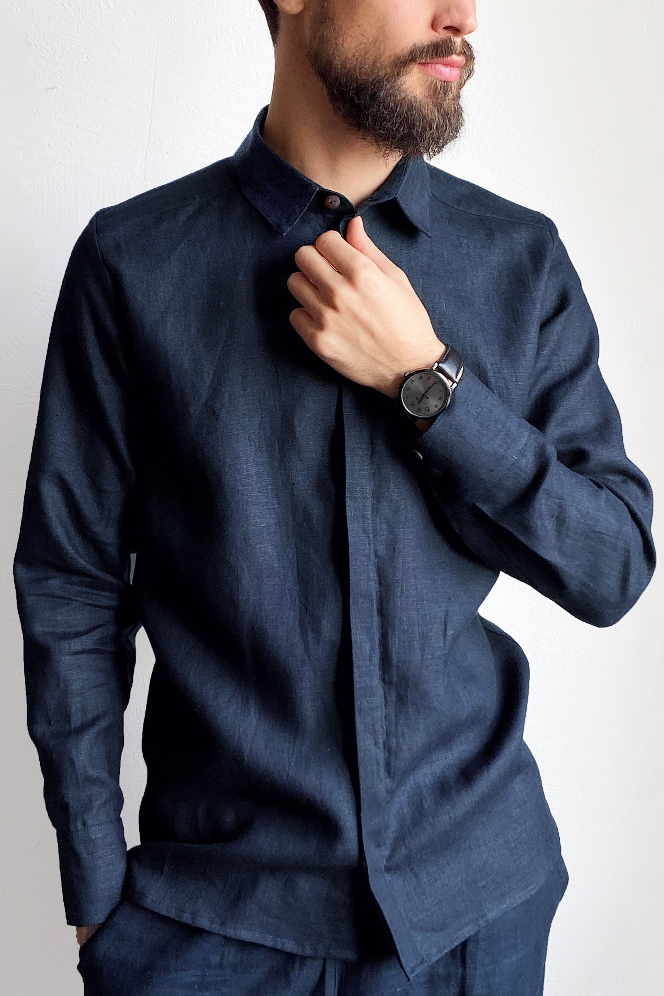 Men’s Classic Collar Linen Shirt GARNET in Dark blue