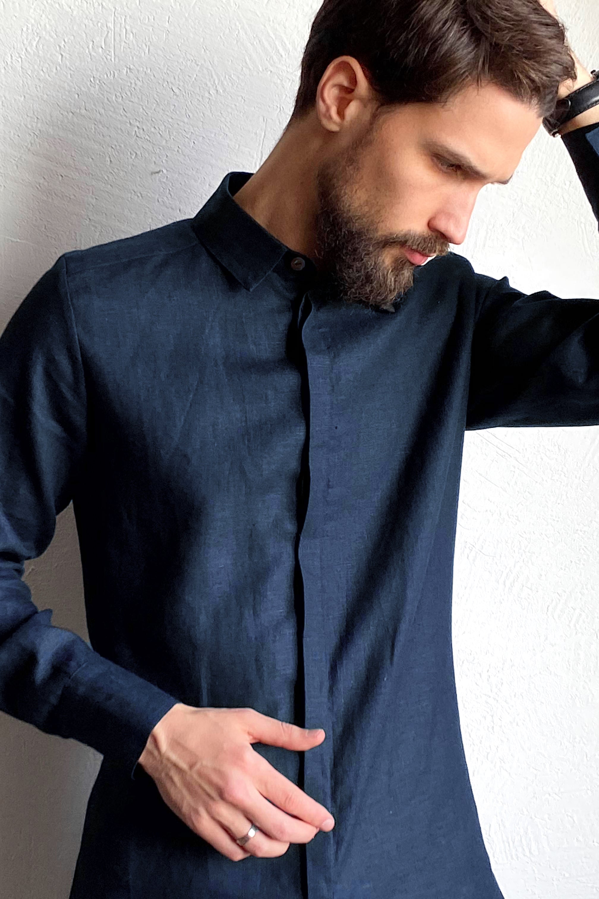 Men’s Classic Collar Linen Shirt GARNET in Dark blue