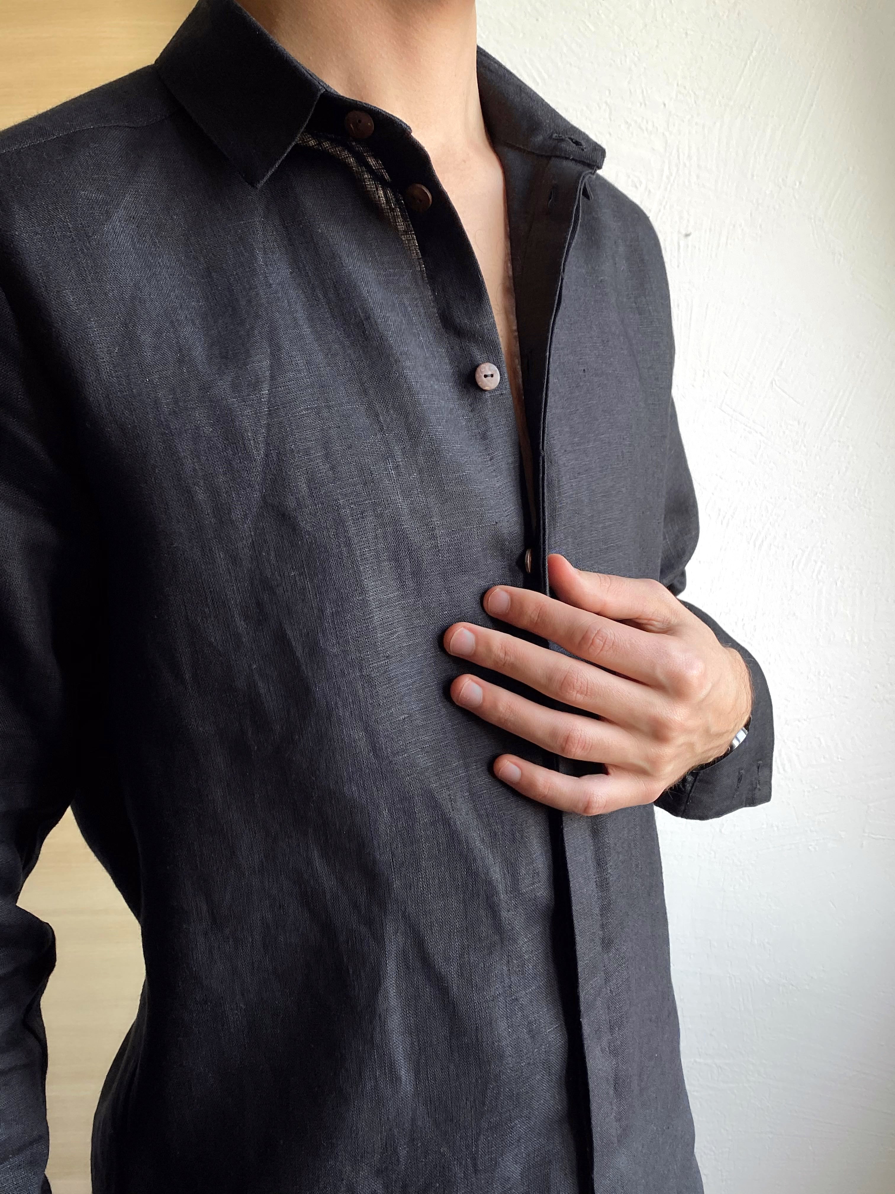 Men’s Classic Collar Linen Shirt GARNET in Black