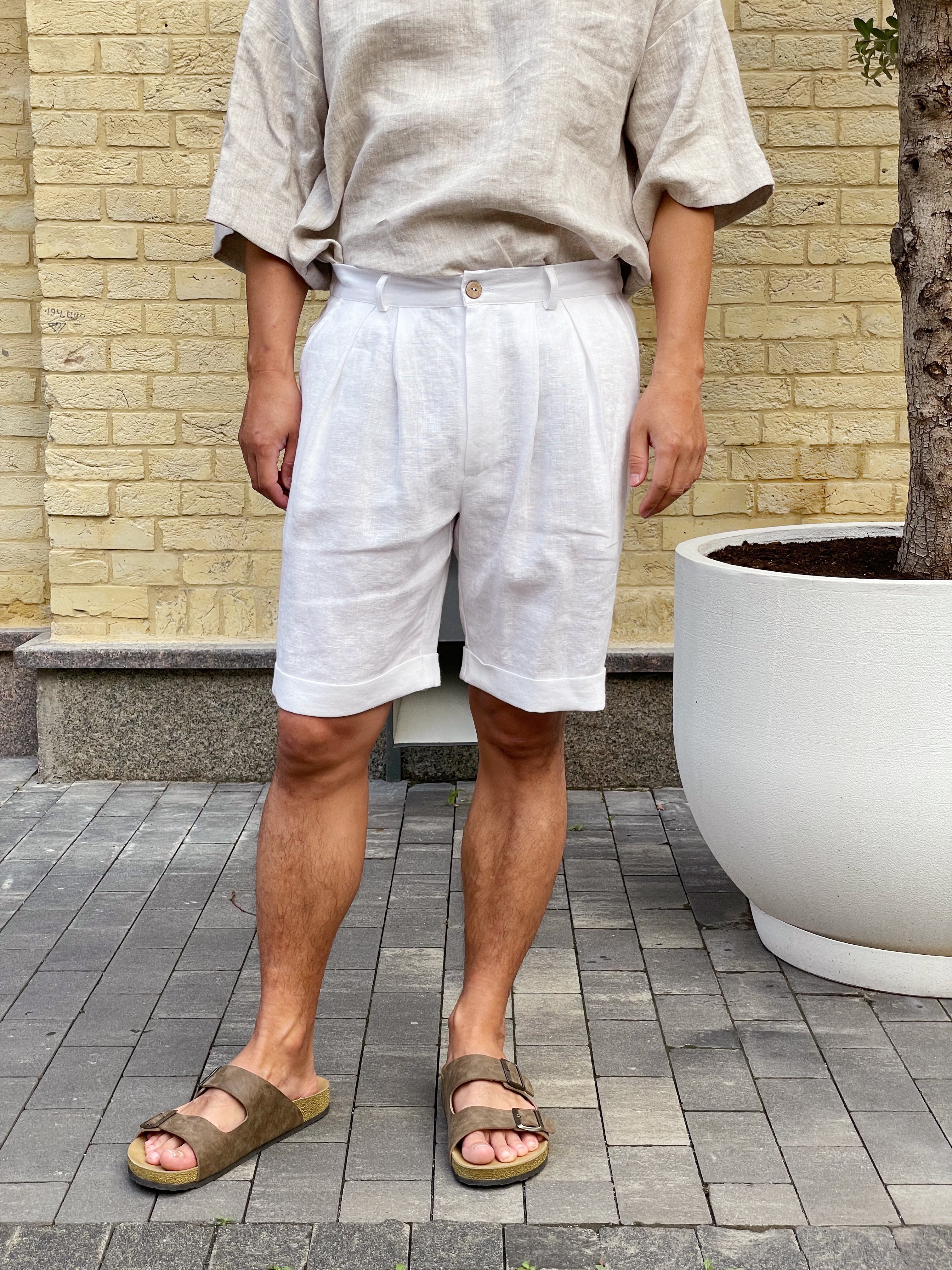 Men’s linen shorts with pleats CEDAR in White