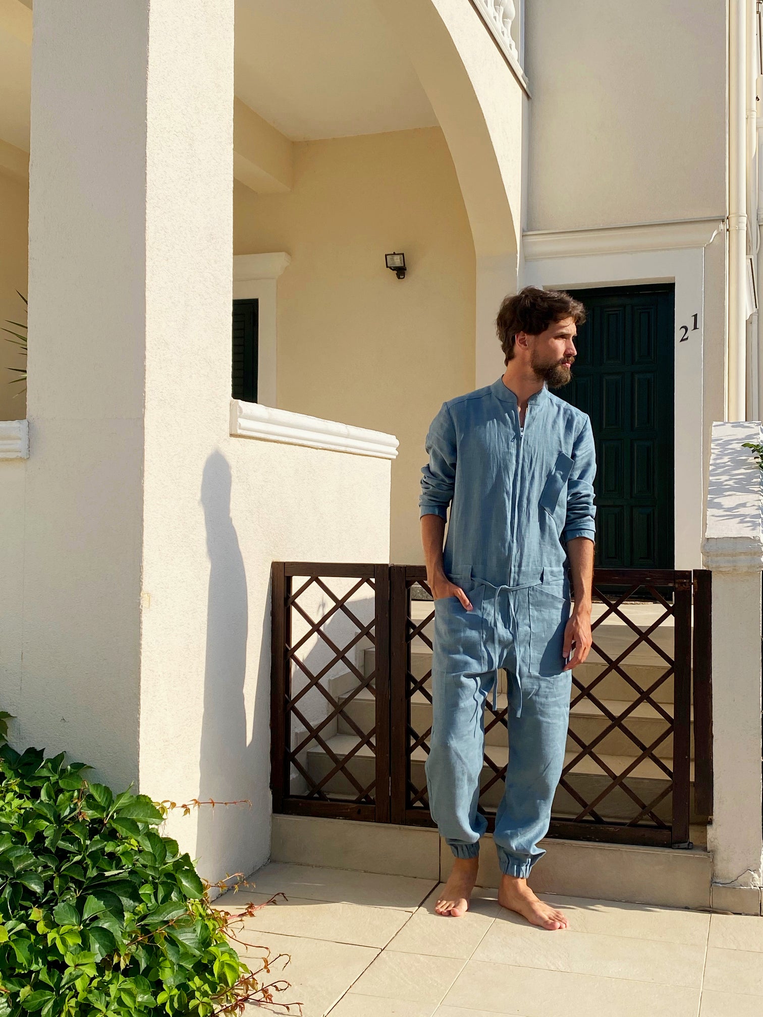 Mens Linen Jumpsuit PALO SANTO in Blue grey