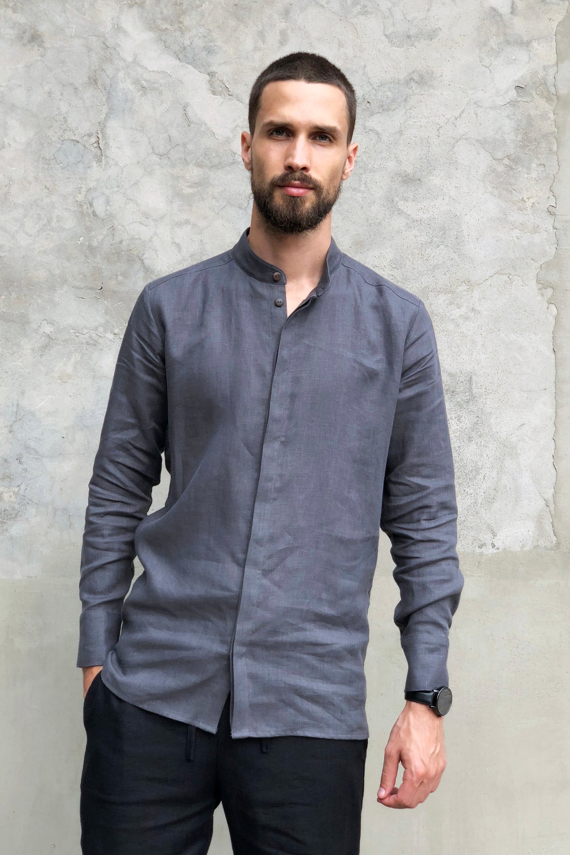 Men’s Linen Shirt OLIVE in Dark grey