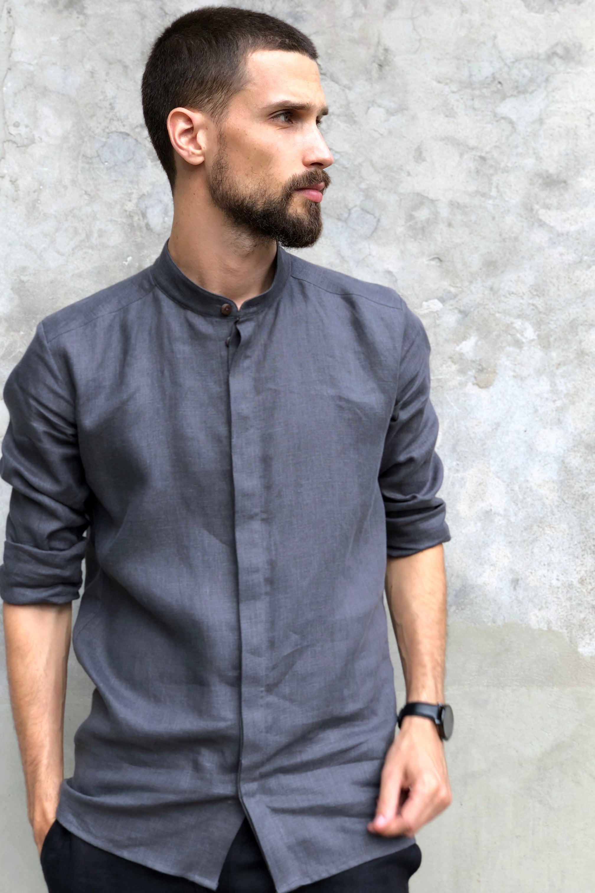 Men’s Linen Shirt OLIVE in Dark grey