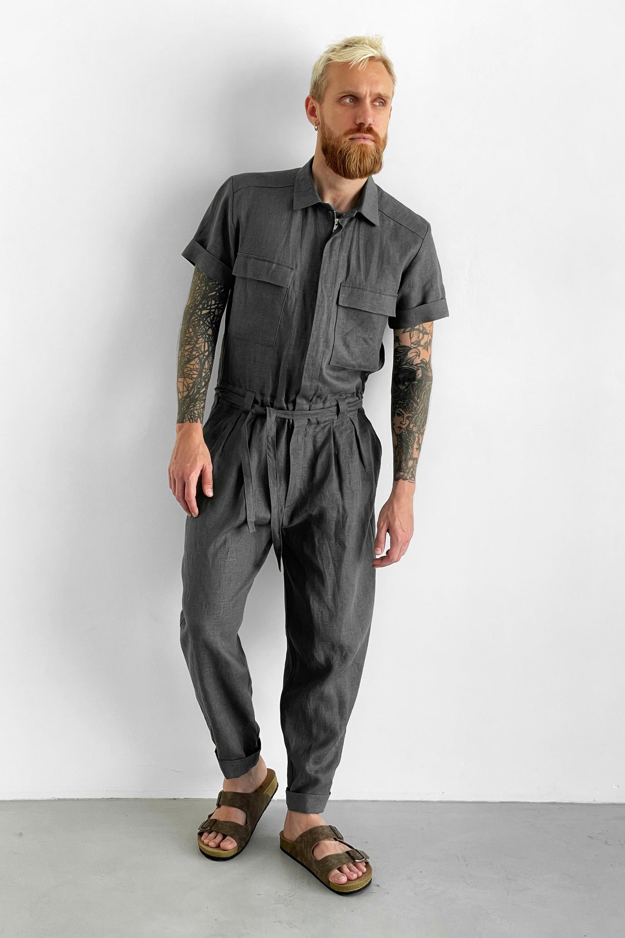 Mens Linen Jumpsuit SANDAL in Dark grey