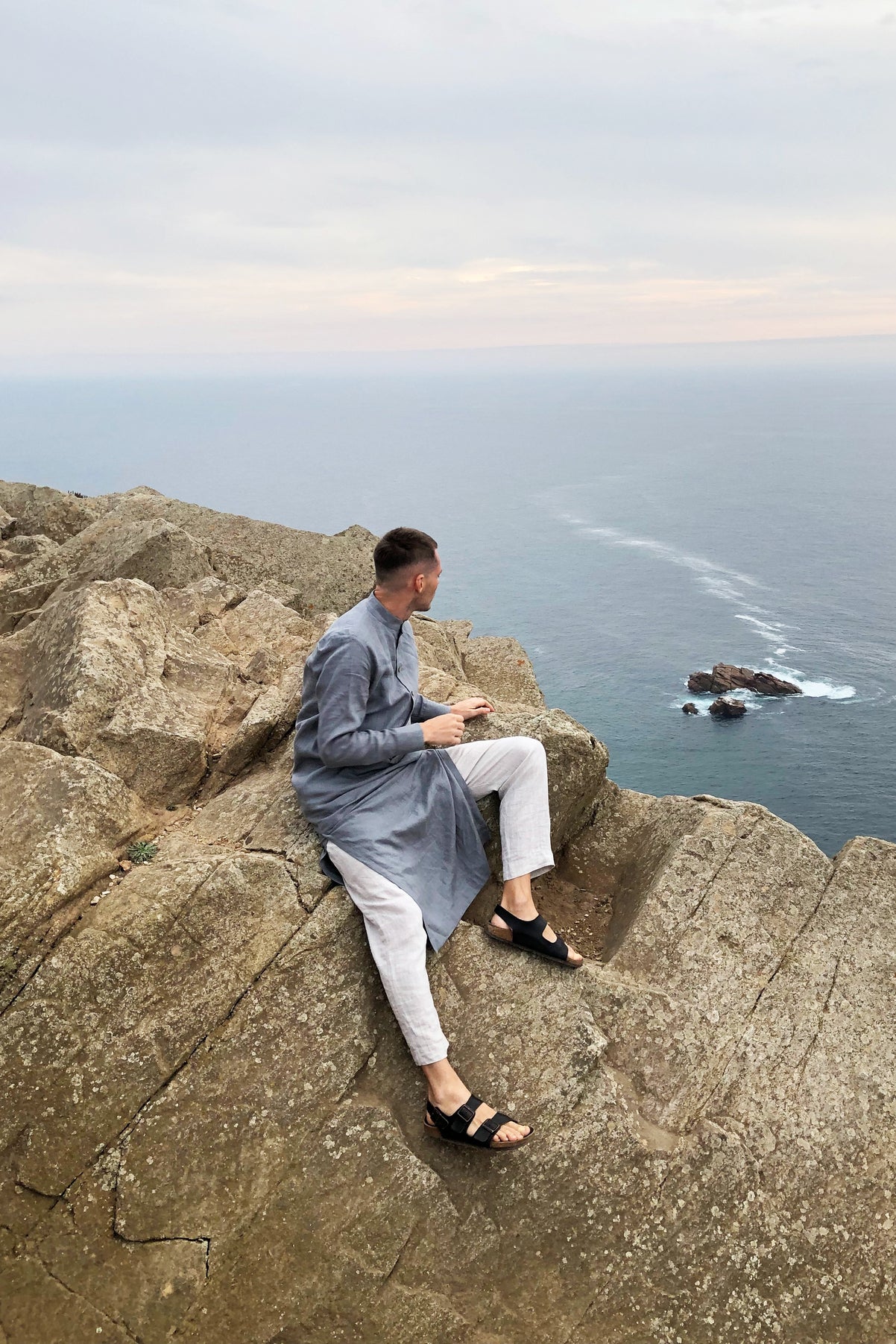 Men’s Long Linen Shirt, Kaftan CYPRESS in Light grey