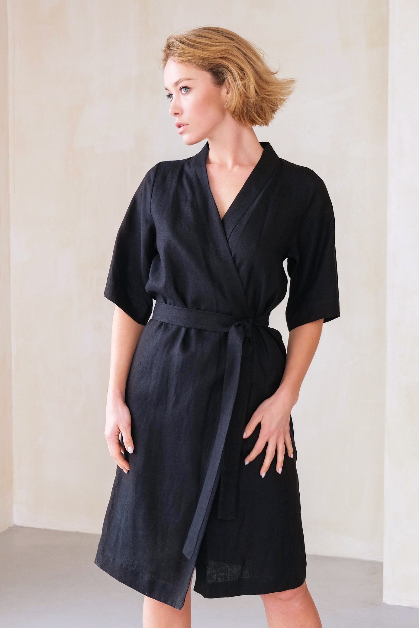 Women’s Long Linen Kimono UME in Black