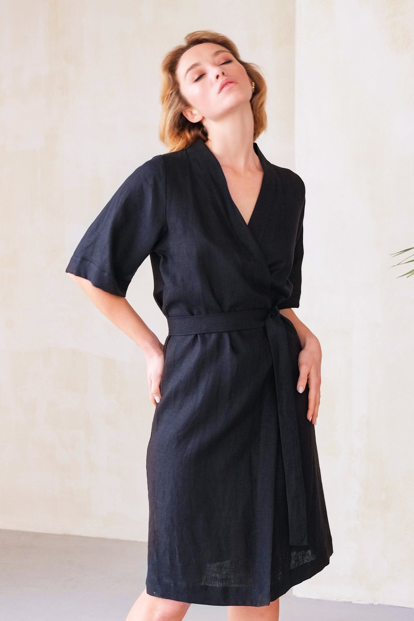 Women’s Long Linen Kimono UME in Black