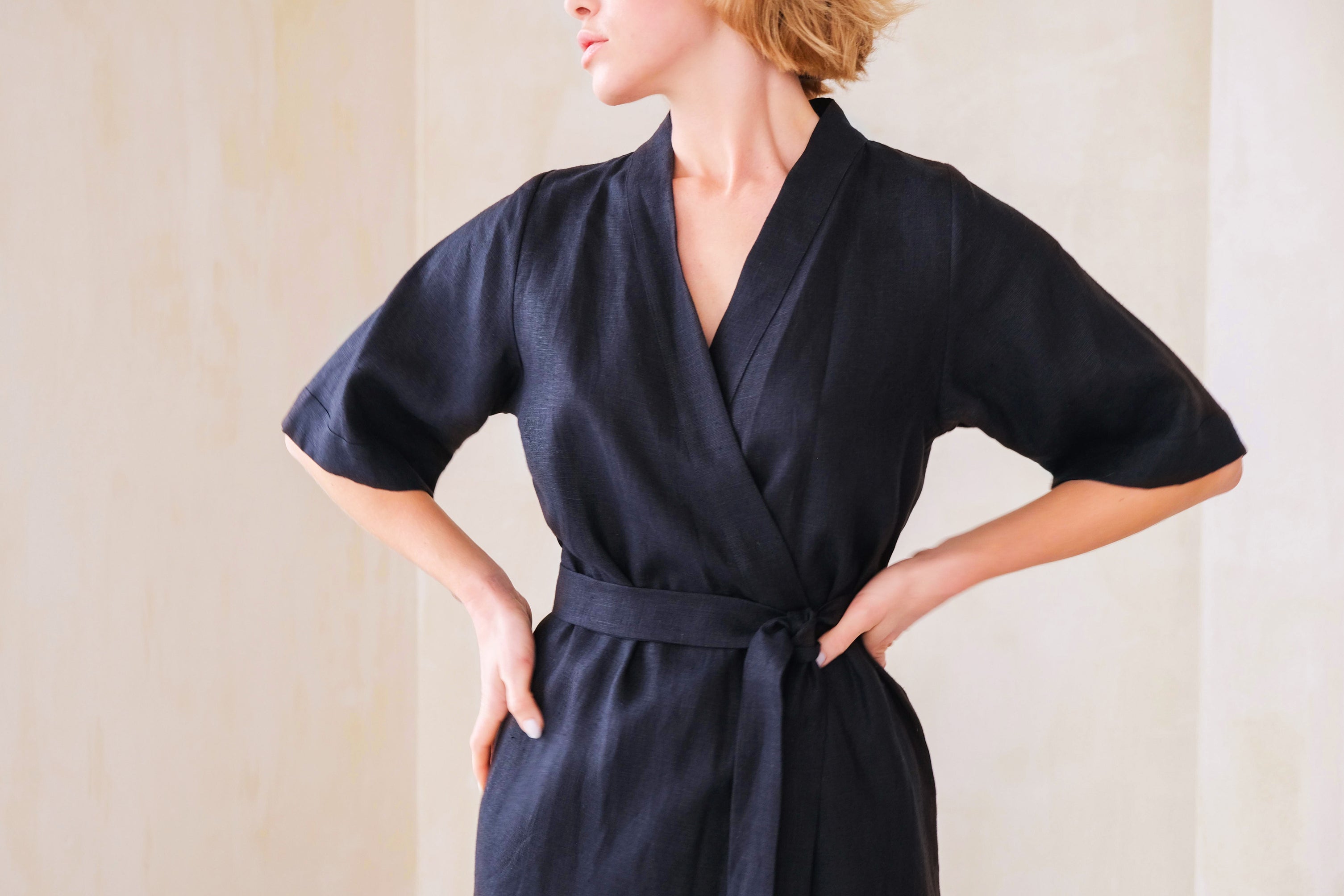 Women’s Long Linen Kimono UME in Black
