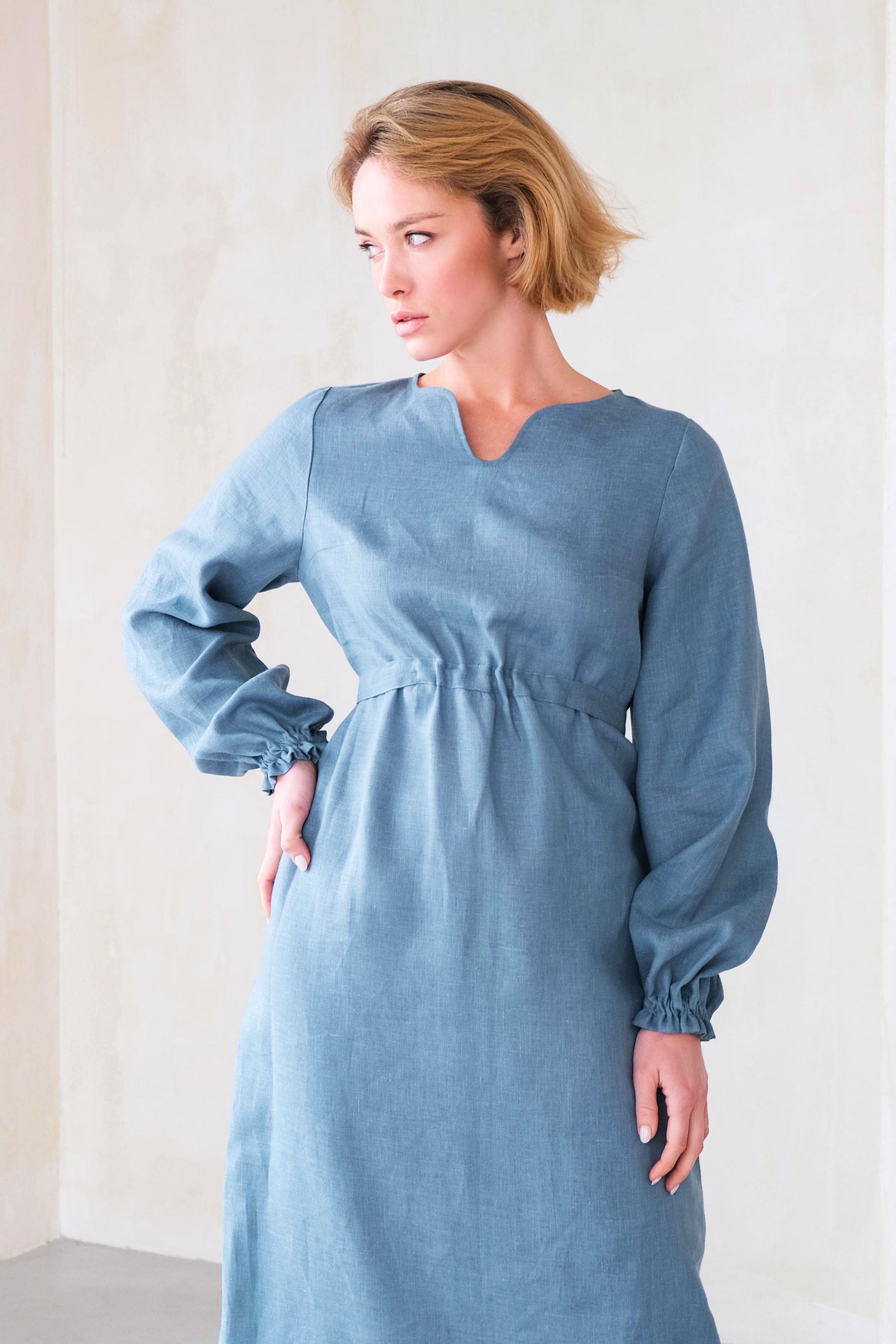 Long-Sleeve Linen Dress LORA in Blue grey