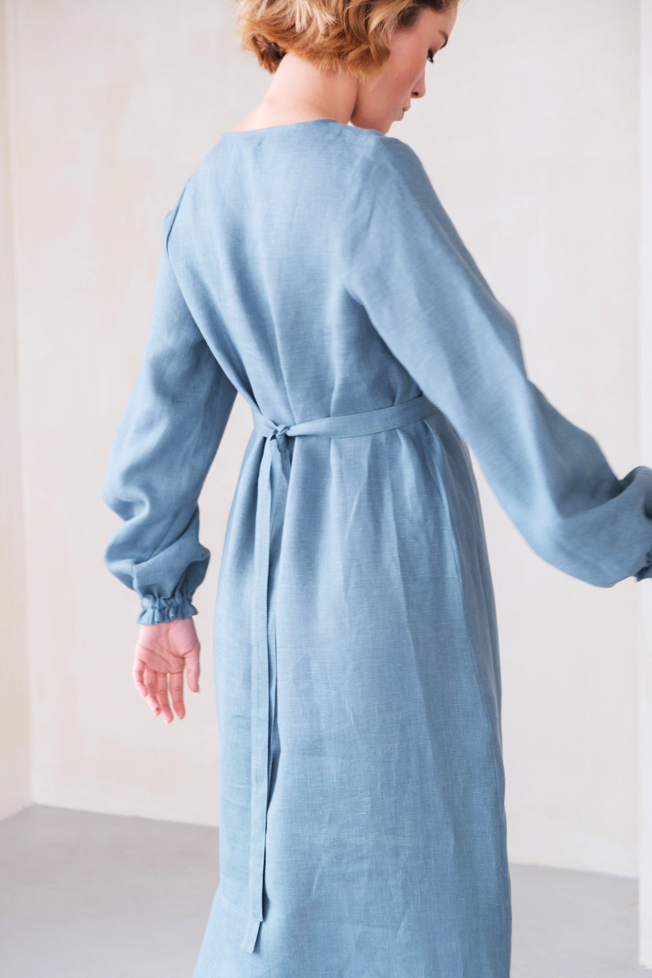 Long-Sleeve Linen Dress LORA in Blue grey