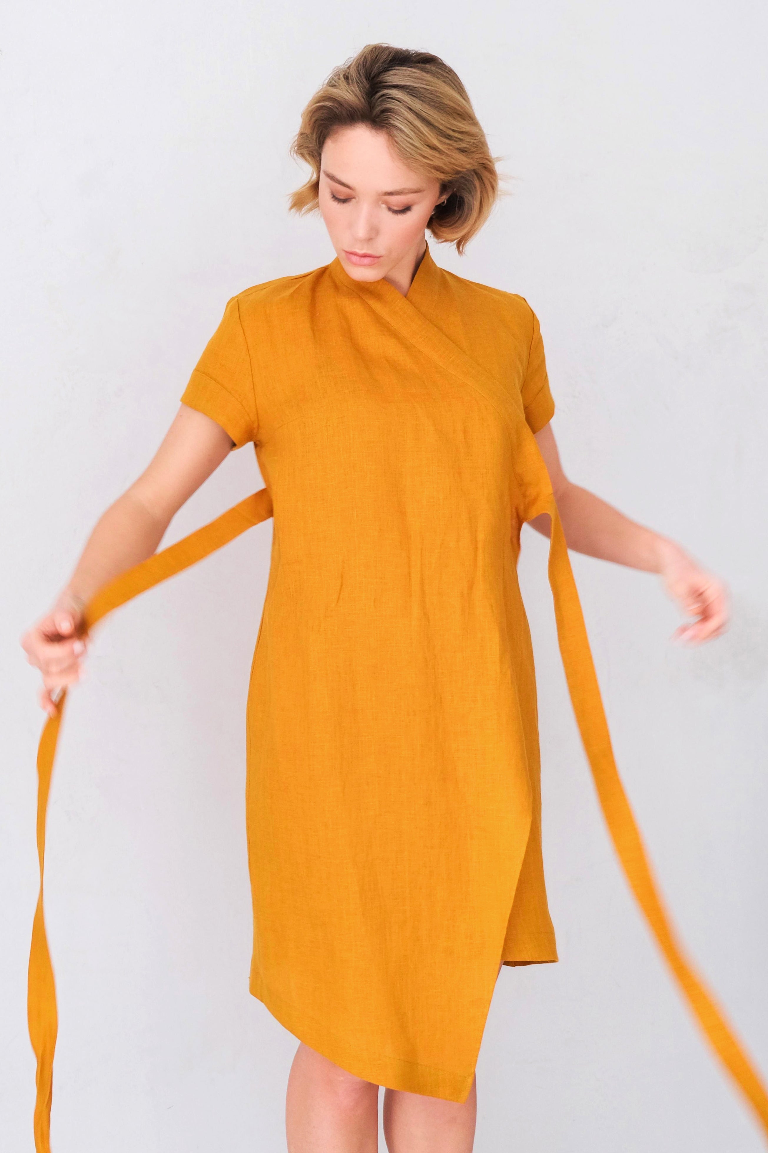 Women's Linen Wrap Dress ALOE in Saffron