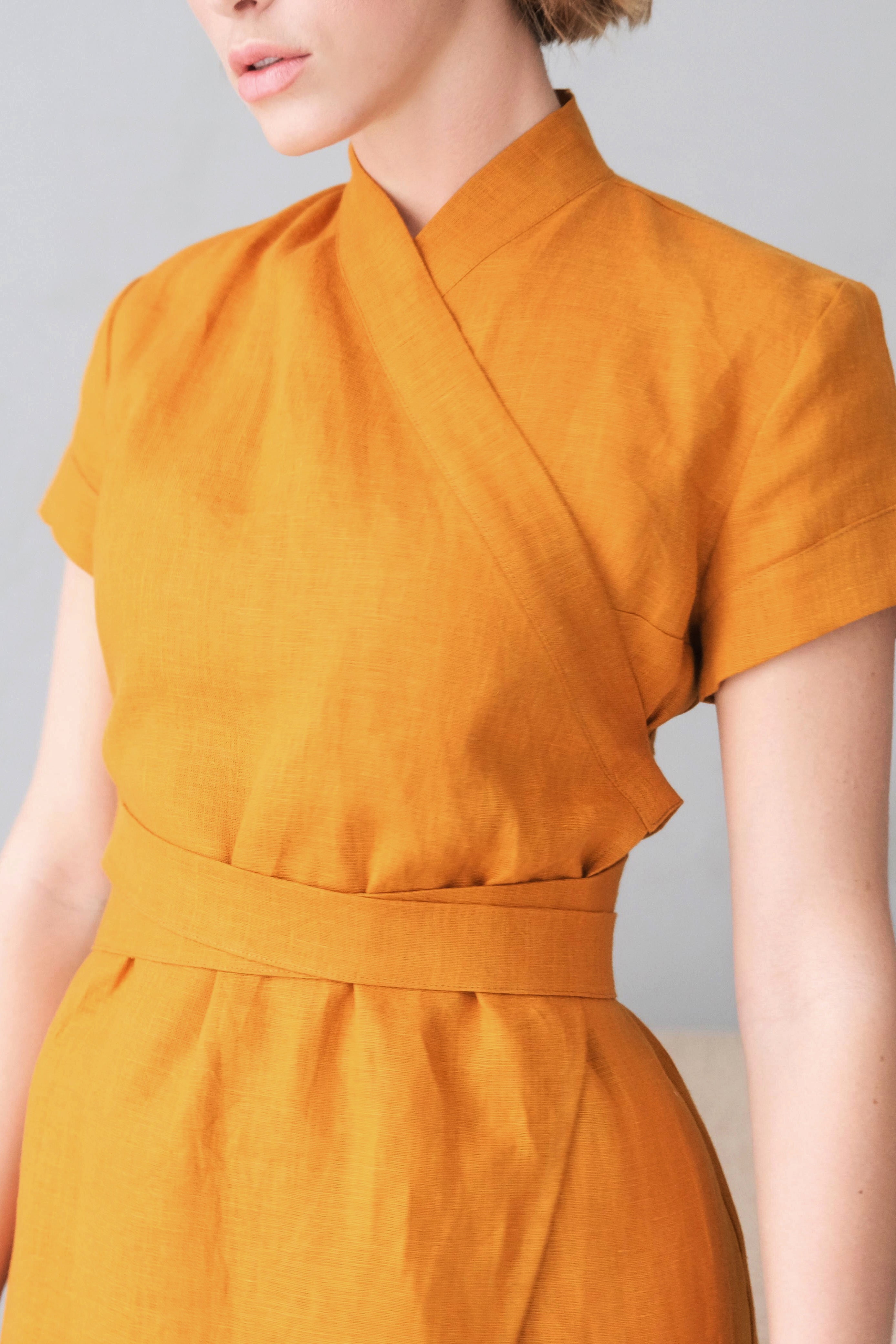 orange linen wrap dress Orange Linen Wrap Dress Handmade V-Neck Summer Midi Dress Teal / XL