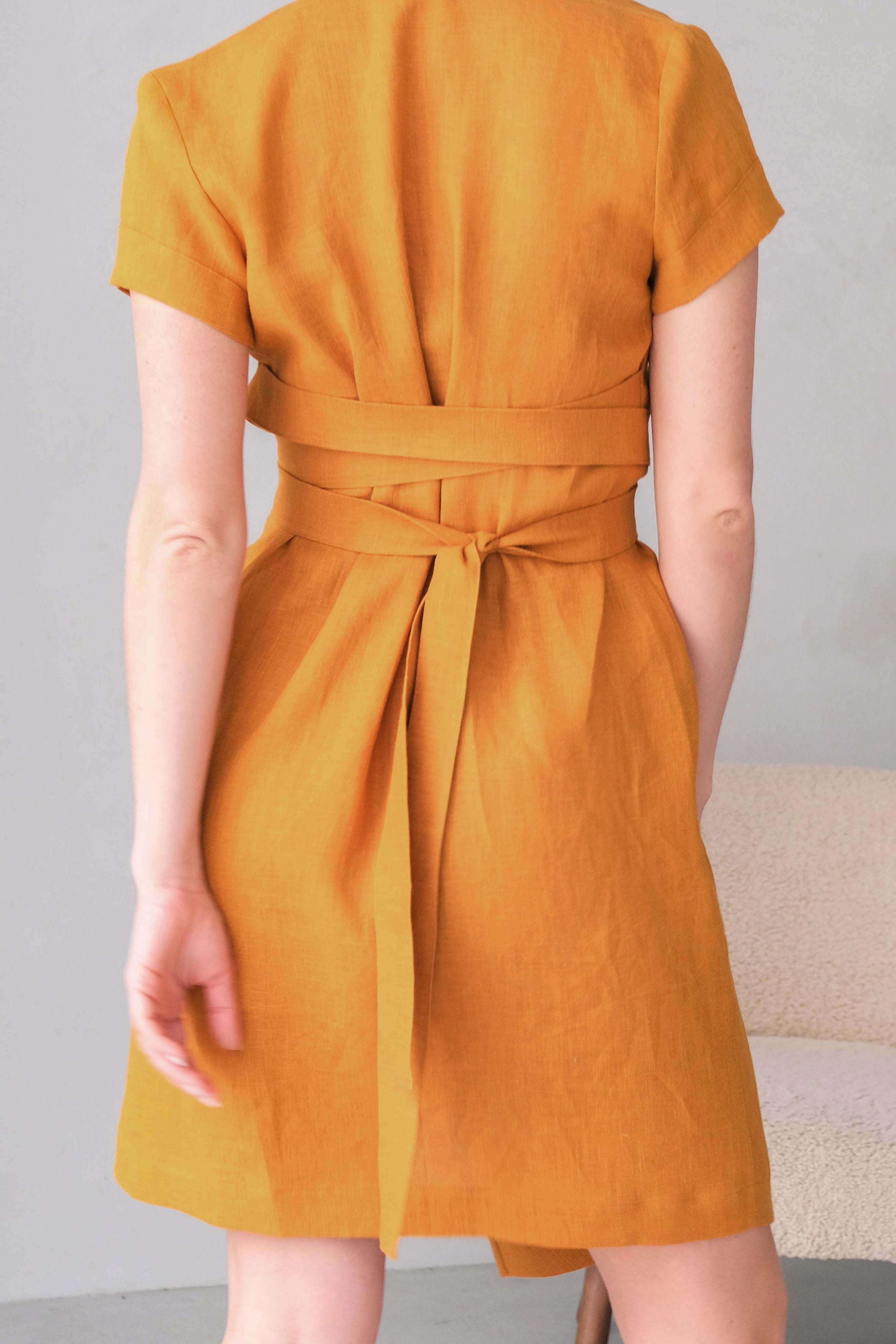 Women's Linen Wrap Dress ALOE in Saffron S Women's Linen Wrap Dress ALOE in Saffron S
