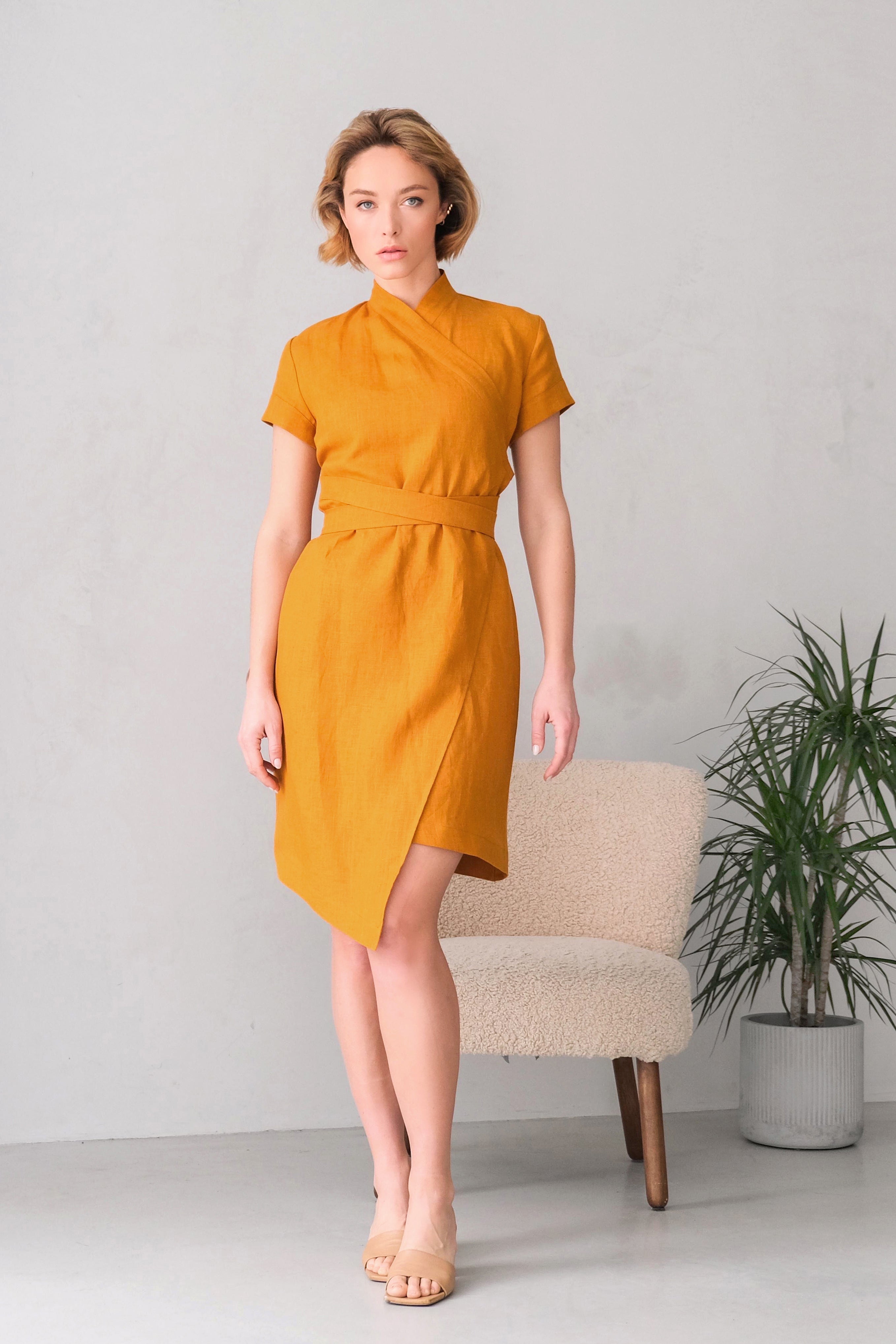 Women's Linen Wrap Dress ALOE in Saffron